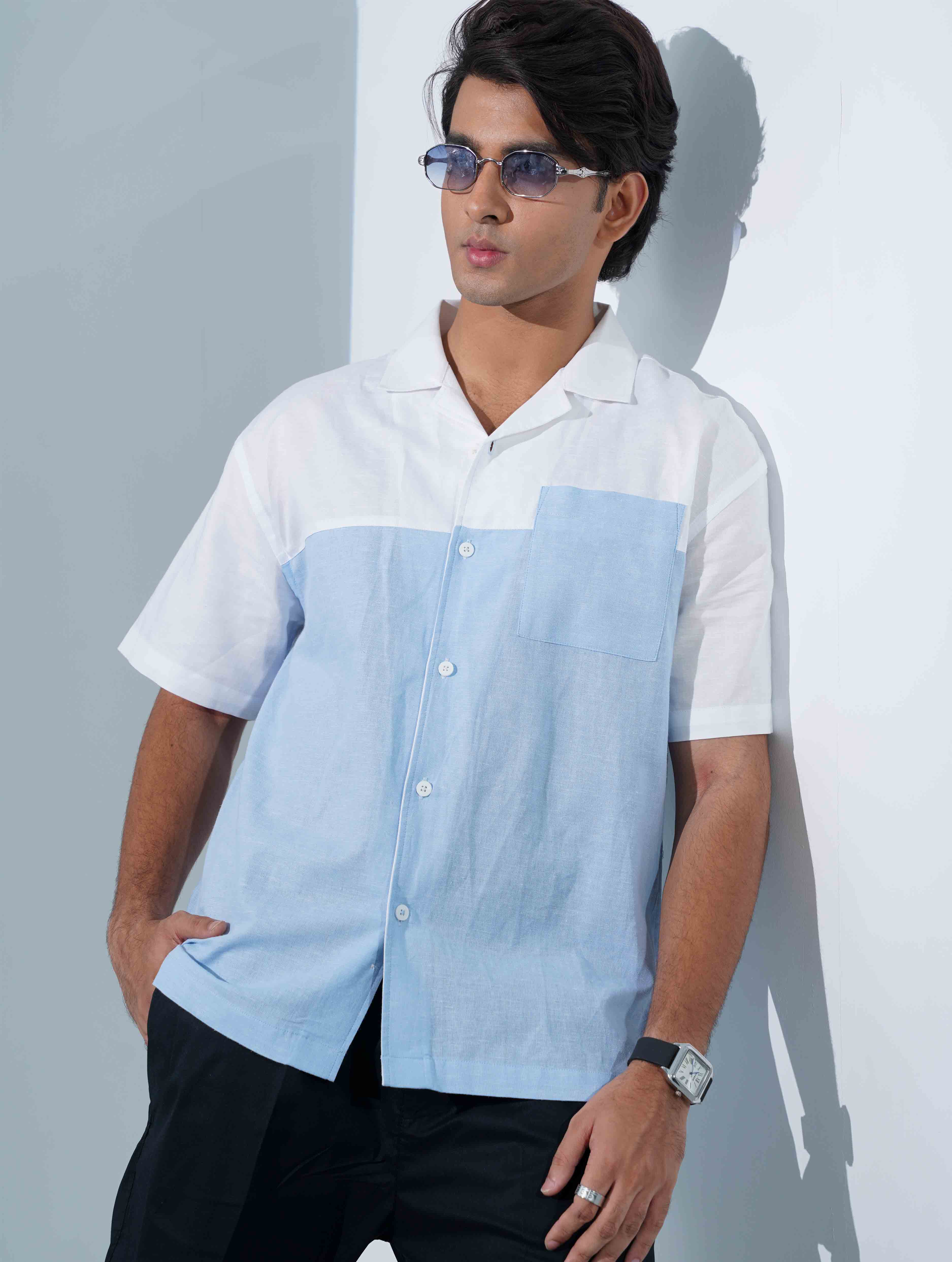 White - Sky Contrast Remi Cotton Havana Shirt
