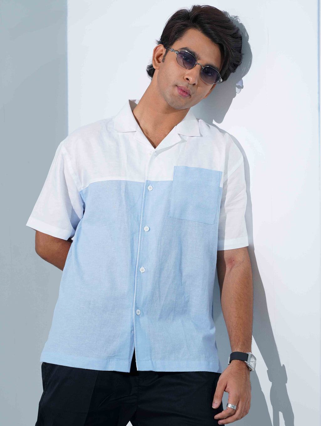 White - Sky Contrast Remi Cotton Havana Shirt