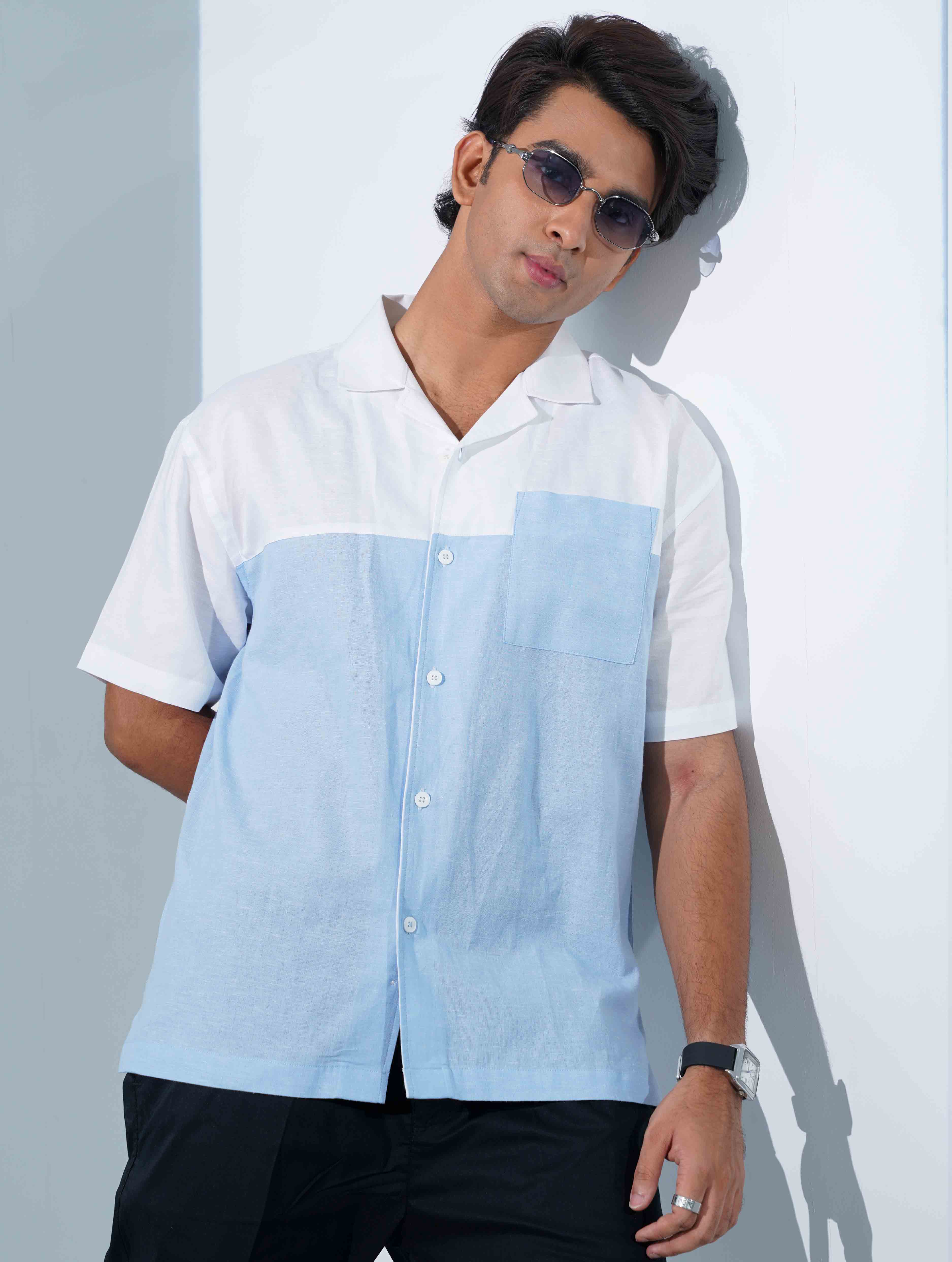 White - Sky Contrast Remi Cotton Havana Shirt