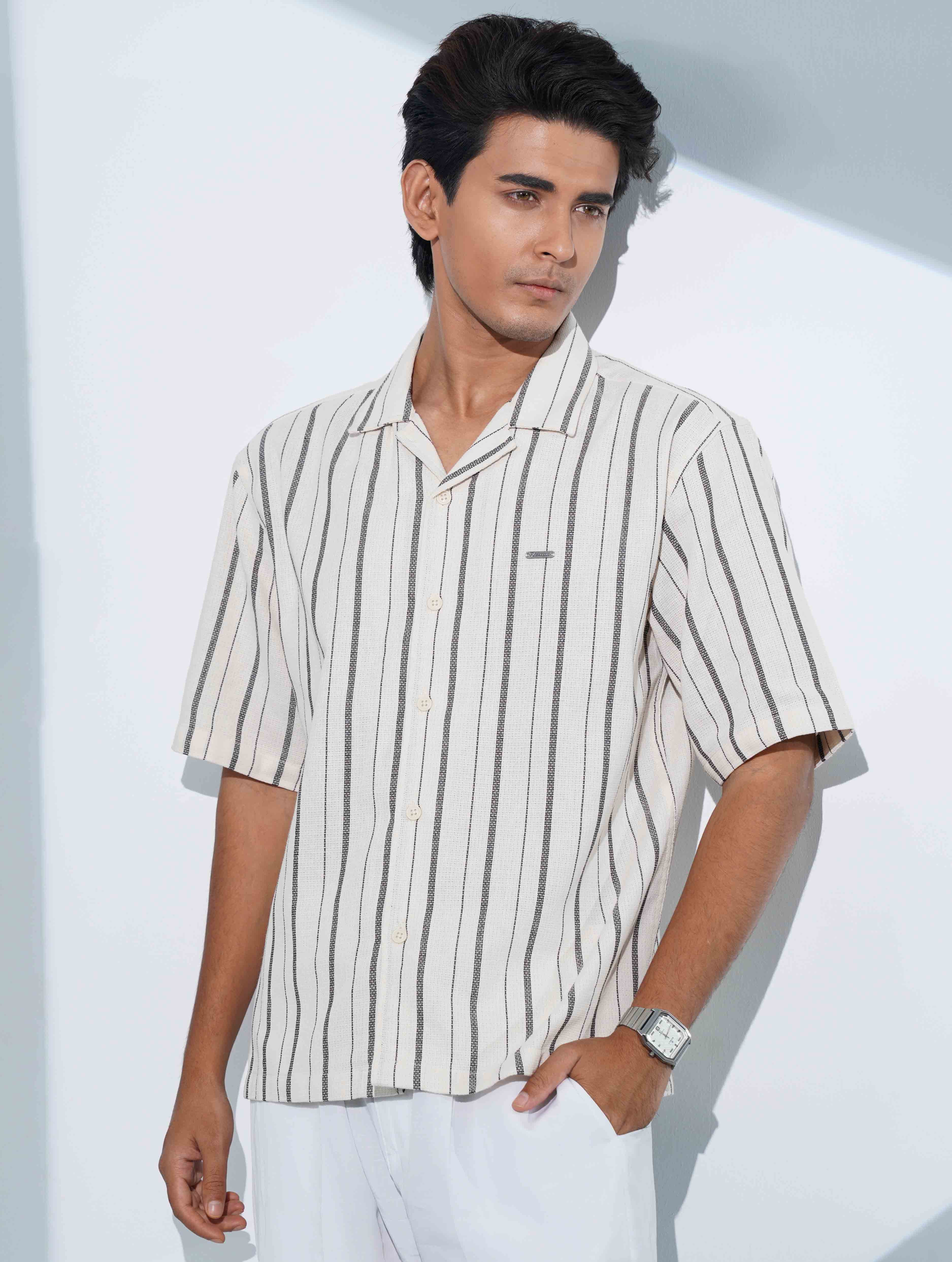 Cream Black Stripe Remi Cotton Havana Shirt