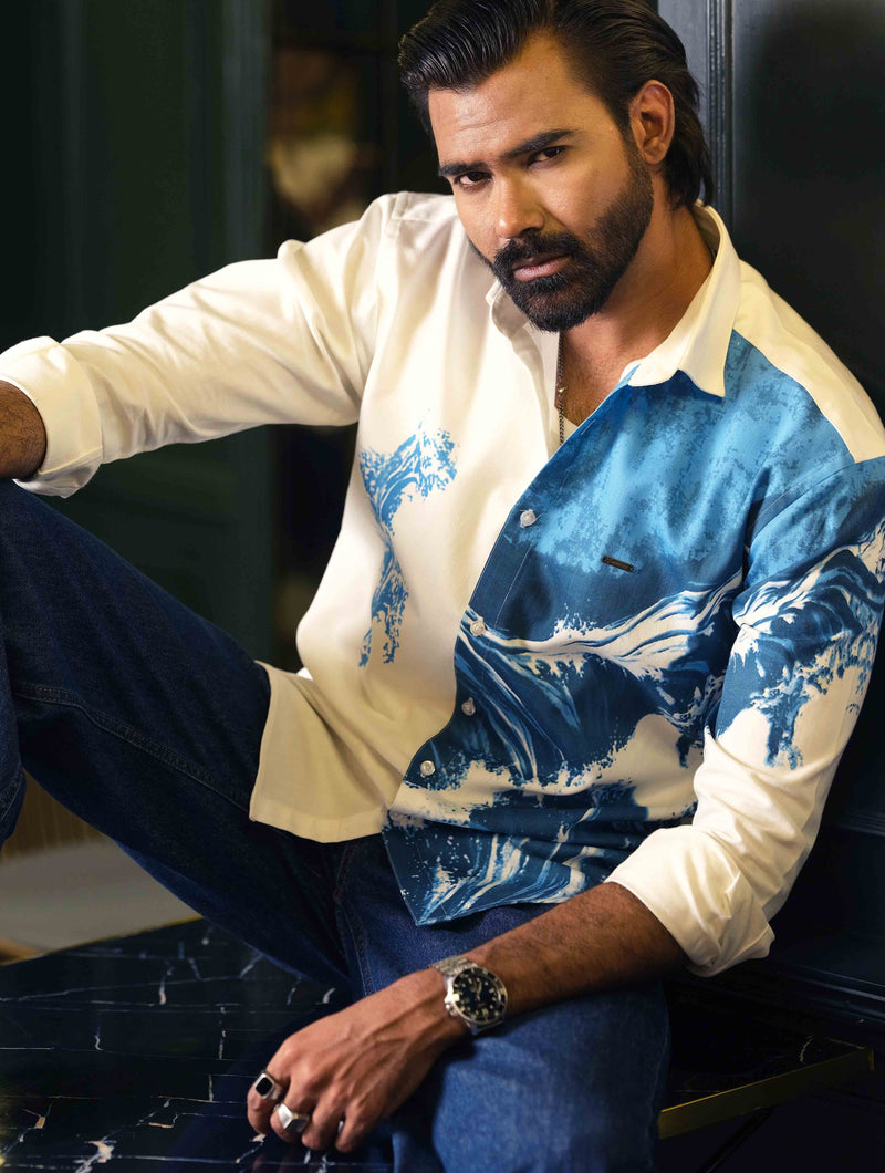 White Blue Half Body Printed Shirt