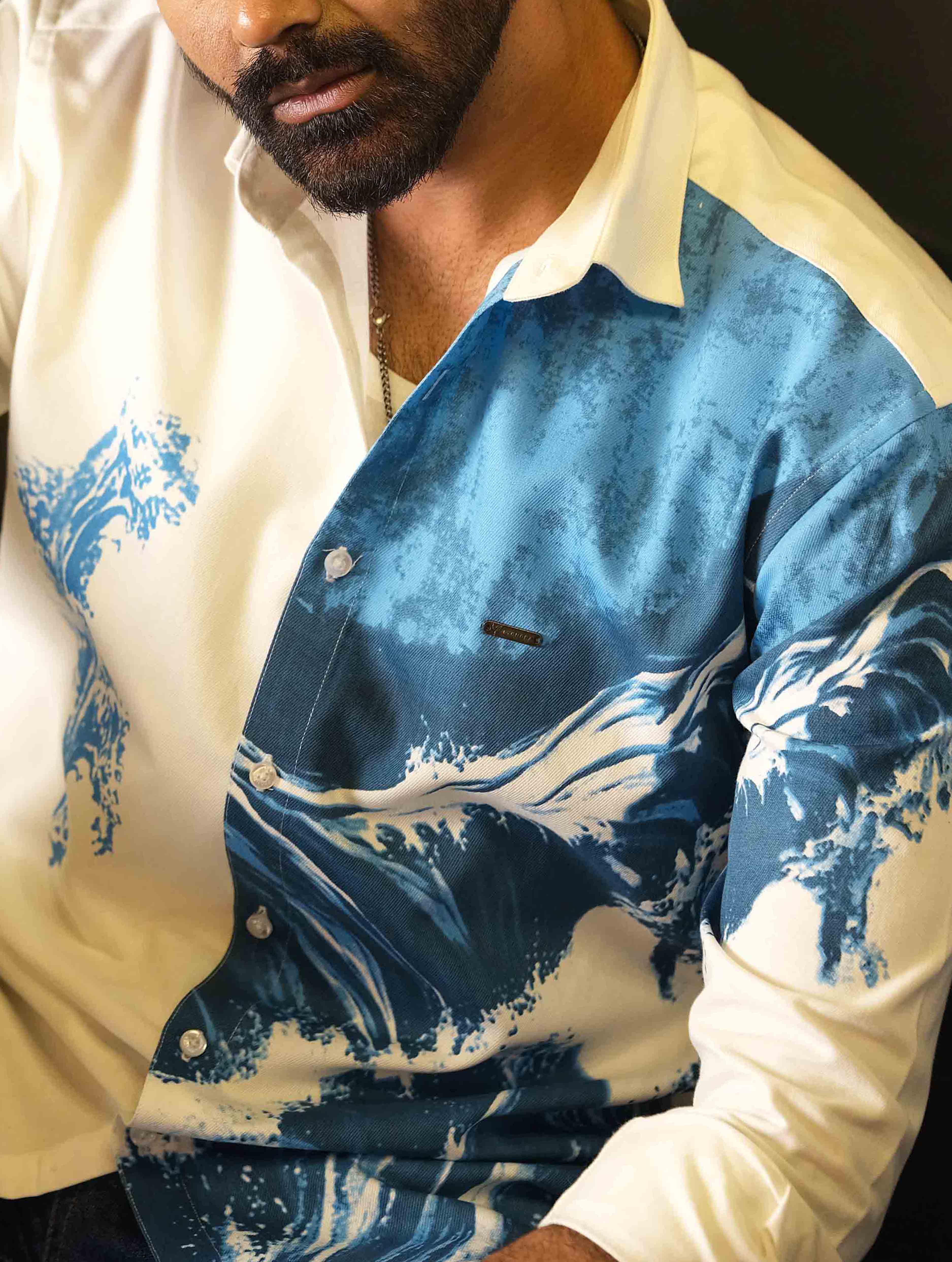 White Blue Half Body Printed Shirt (Re-stocking)