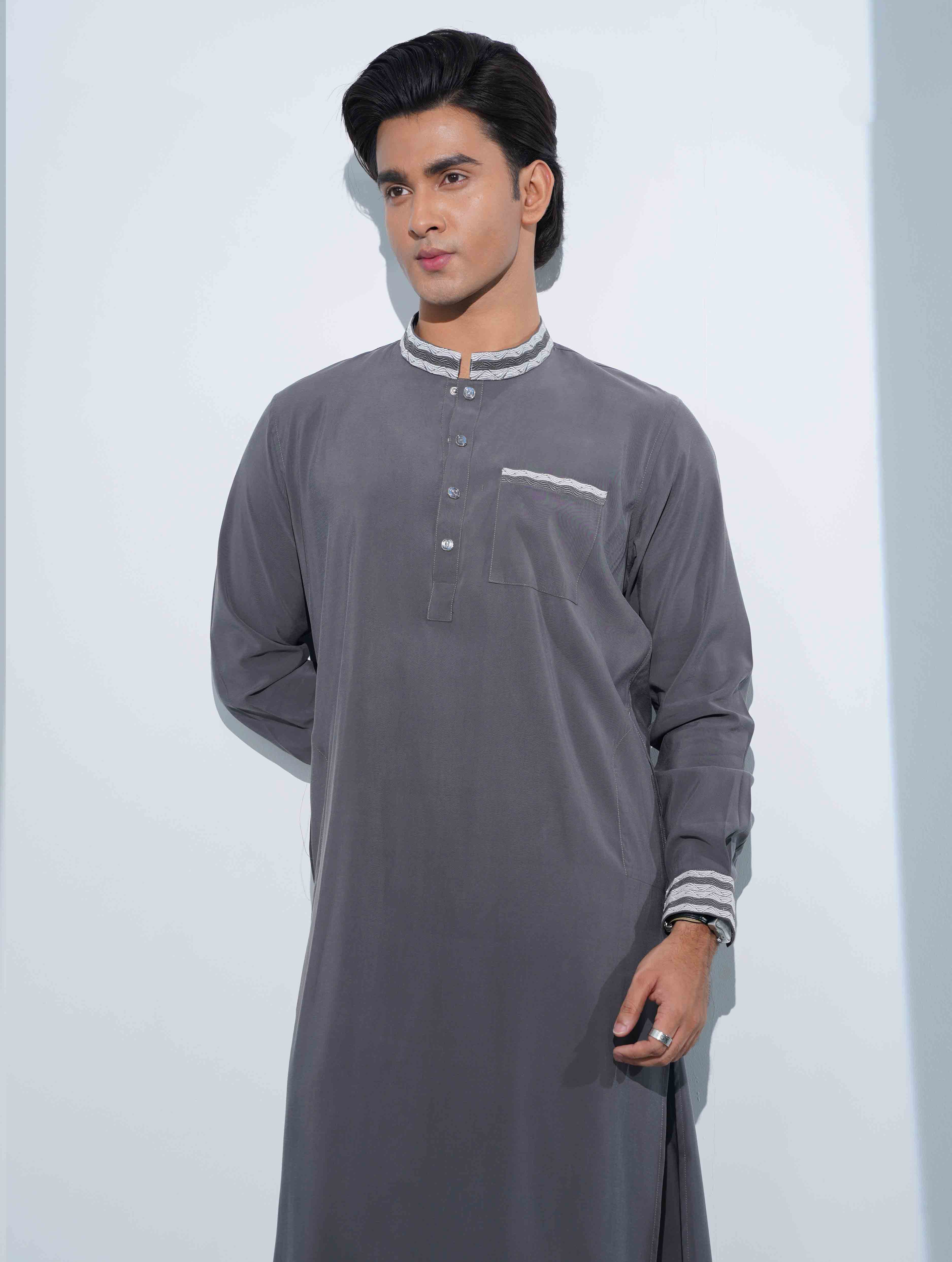 Gray Collar pocket Embriodery panjabi