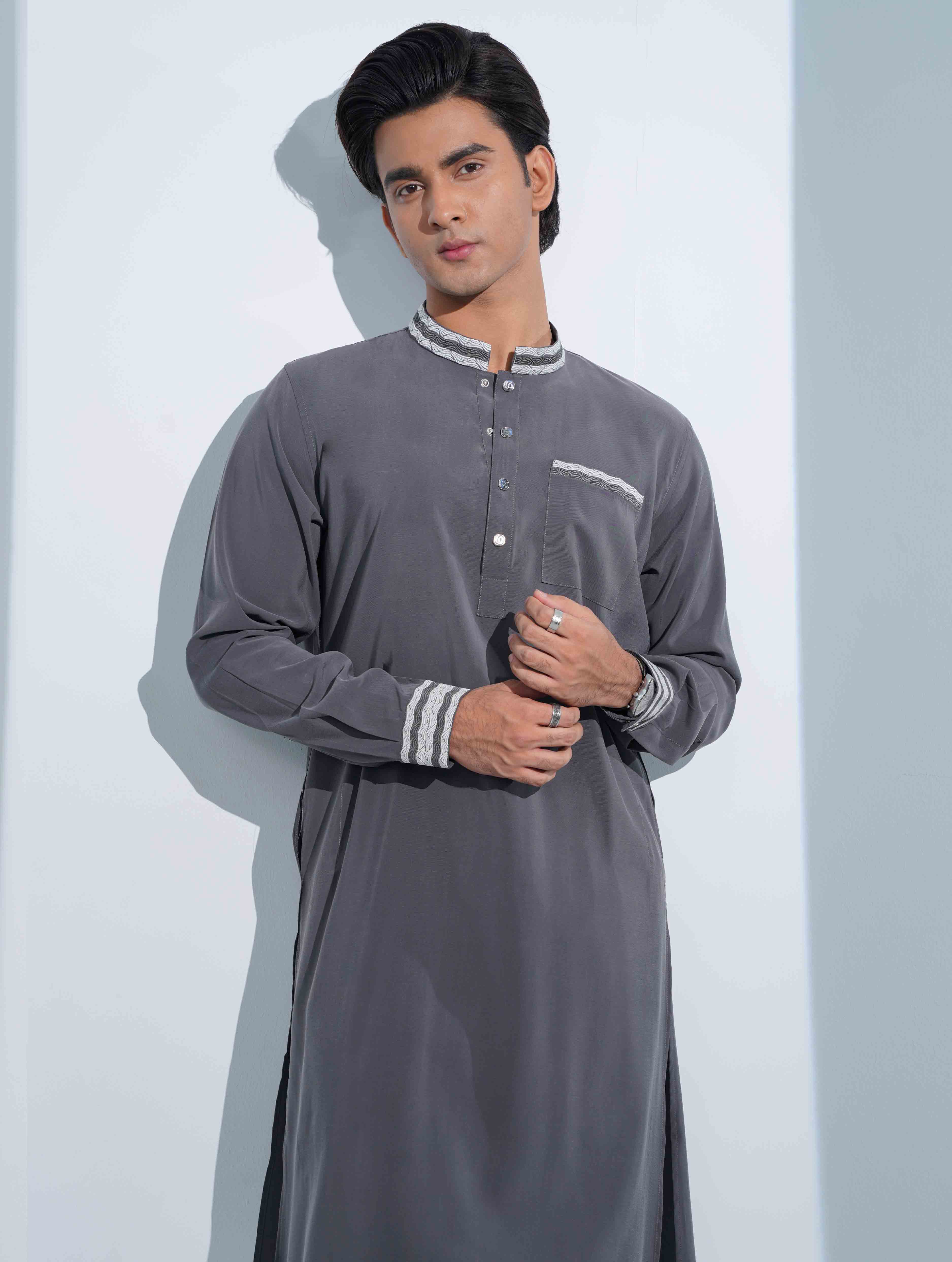 Gray Collar pocket Embriodery panjabi