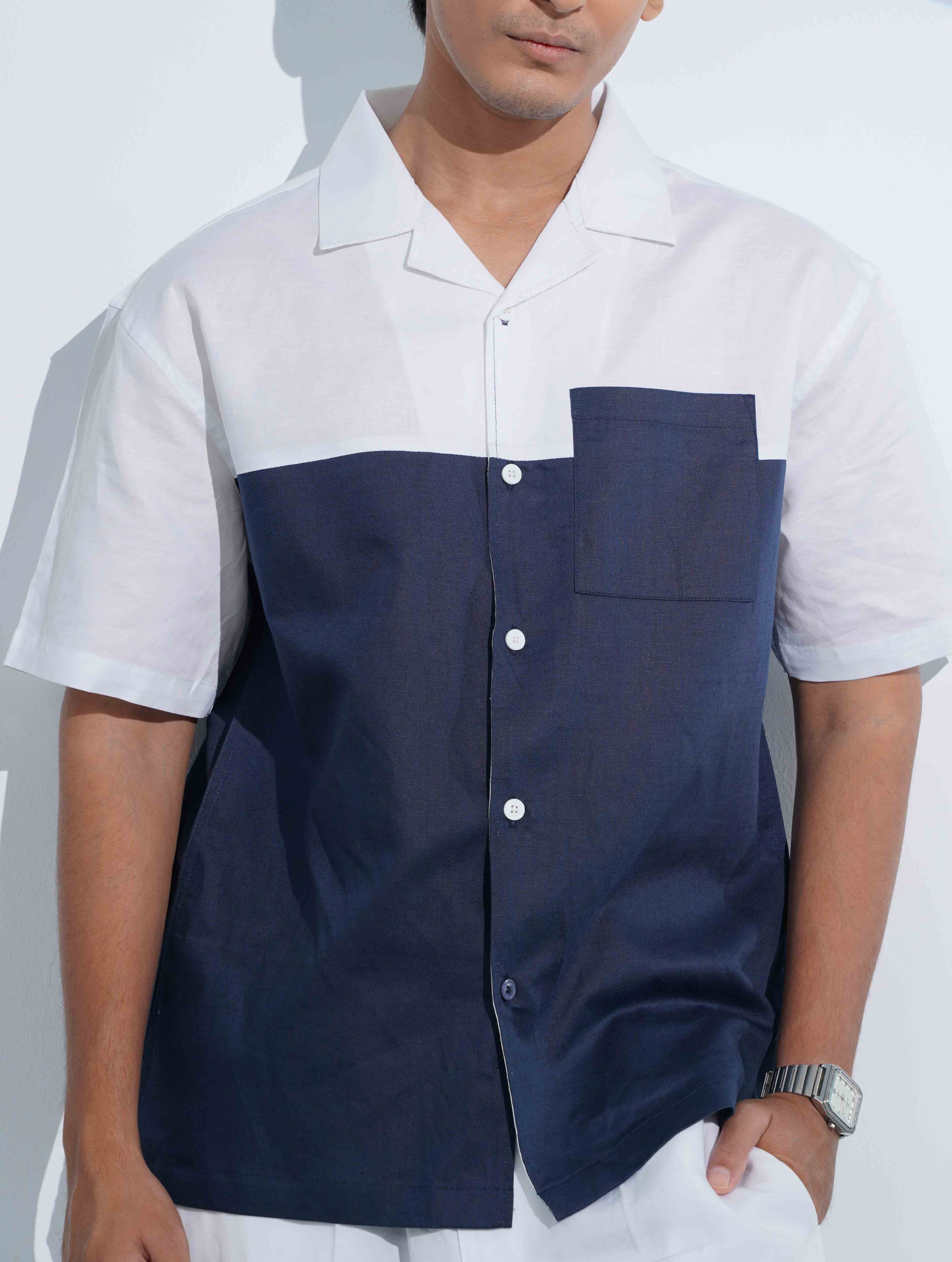 White - Navy Blue Contrast Remi Cotton Havana Shirt