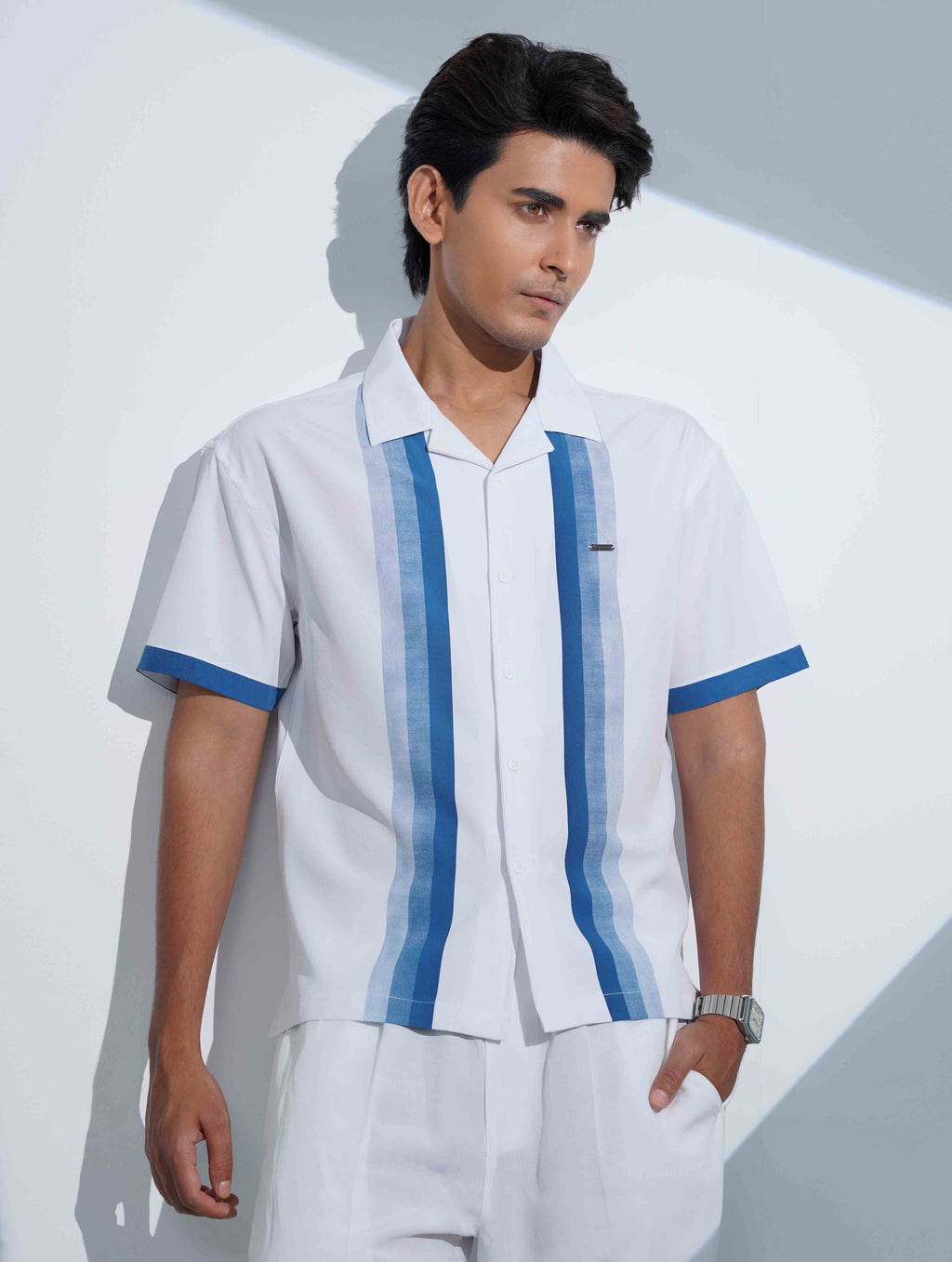 White - Sky stripe Contrast Havana Shirt