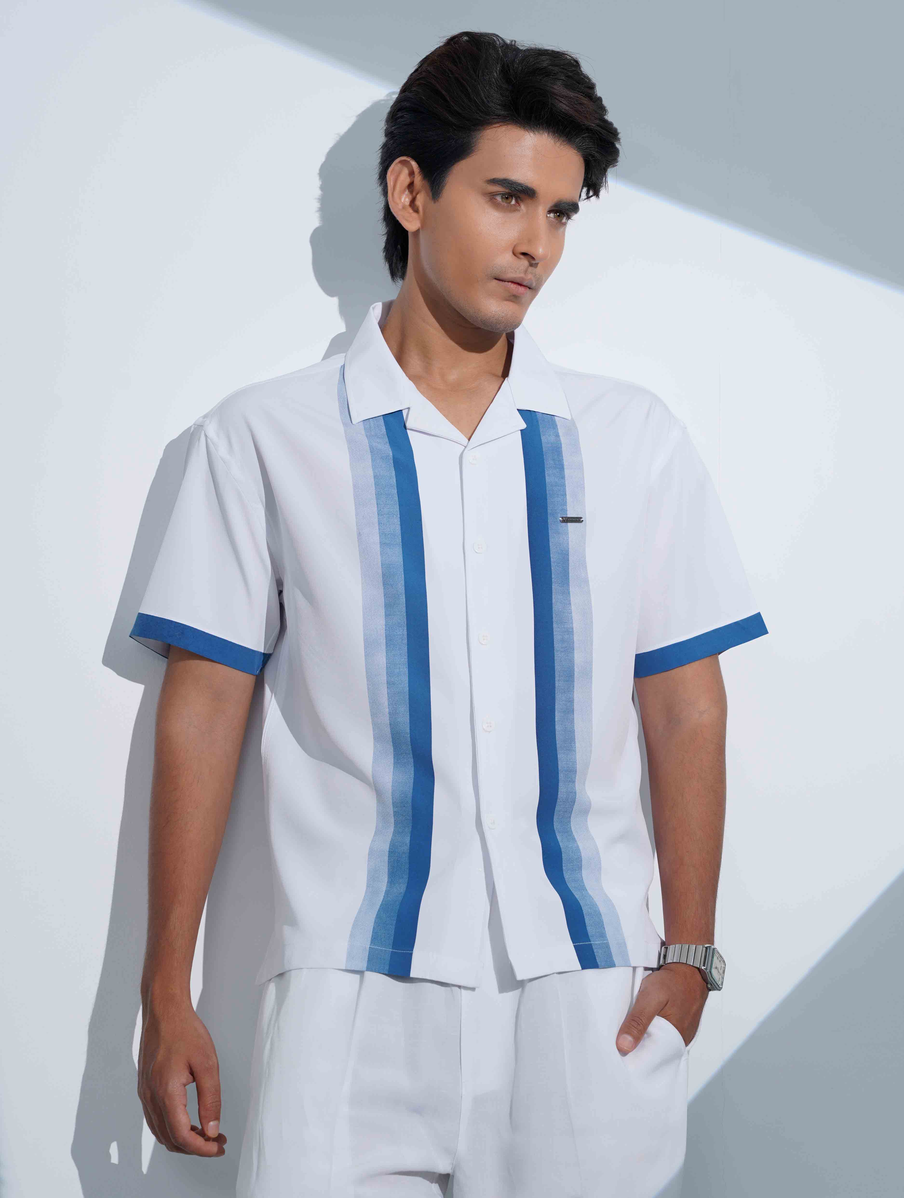 White - Sky stripe Contrast Havana Shirt