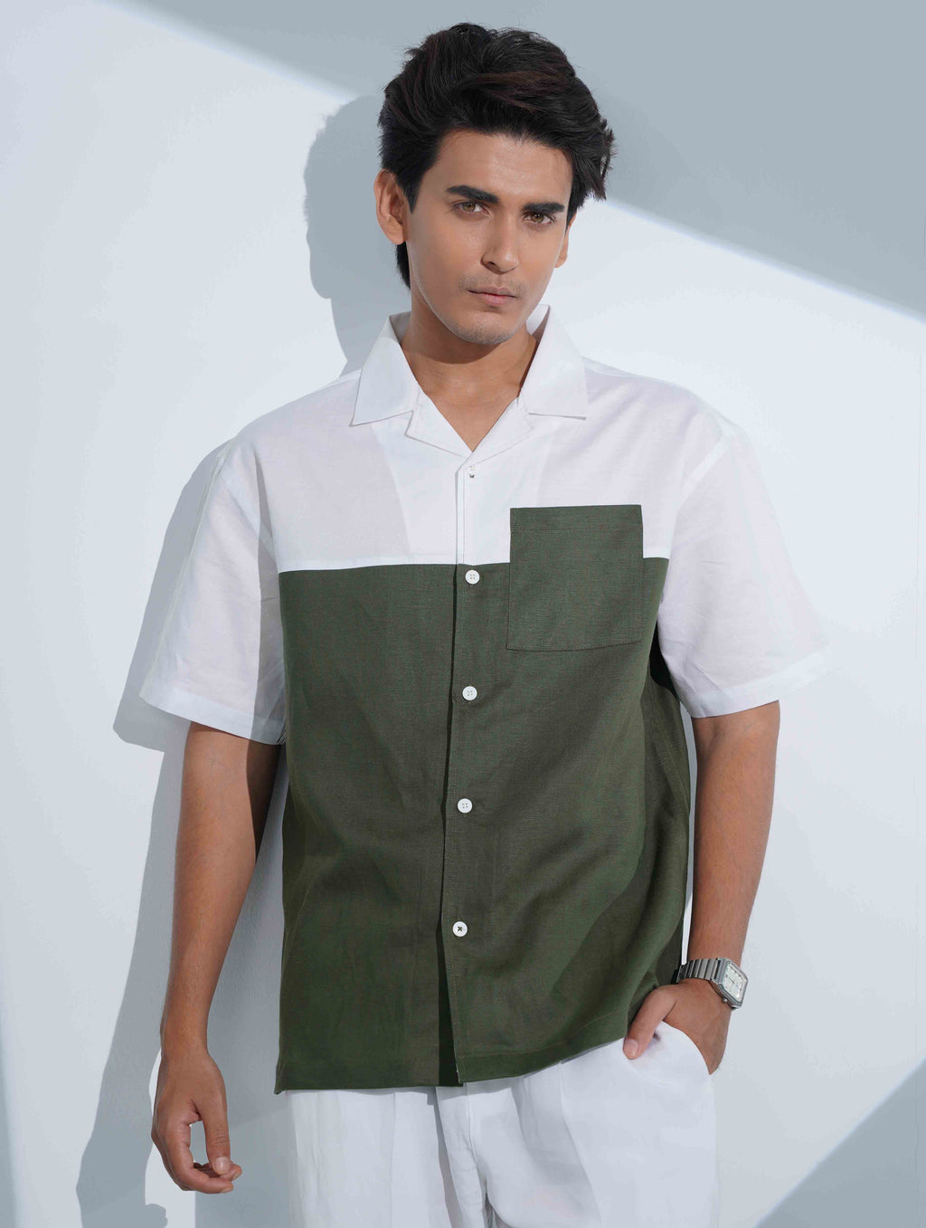 White- Green Contrast Remi Cotton Havana Shirt
