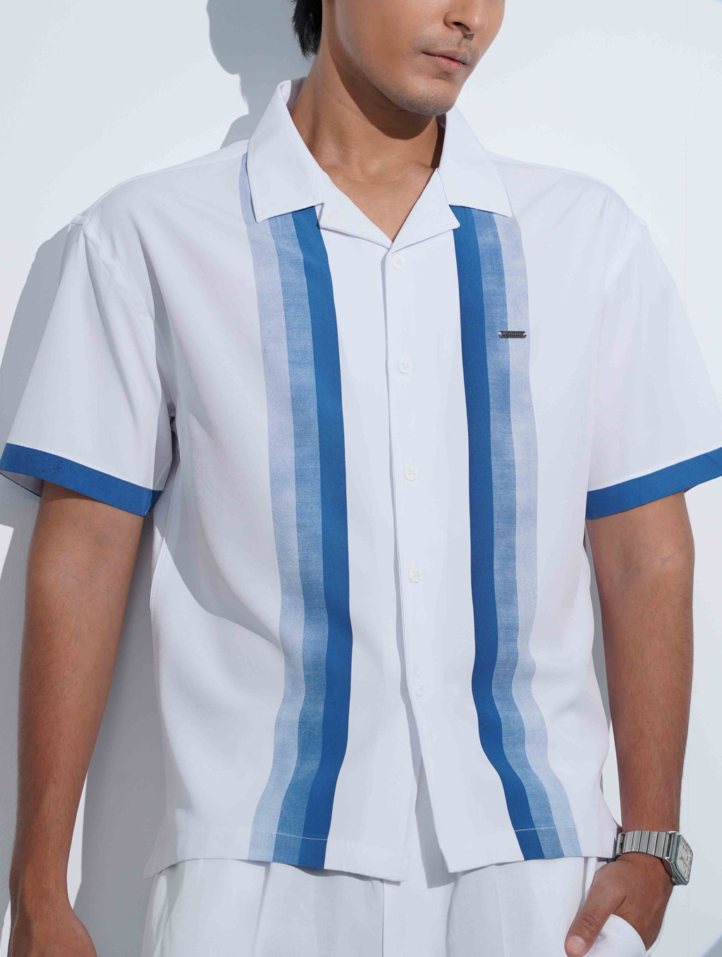 White - Sky stripe Contrast Havana Shirt