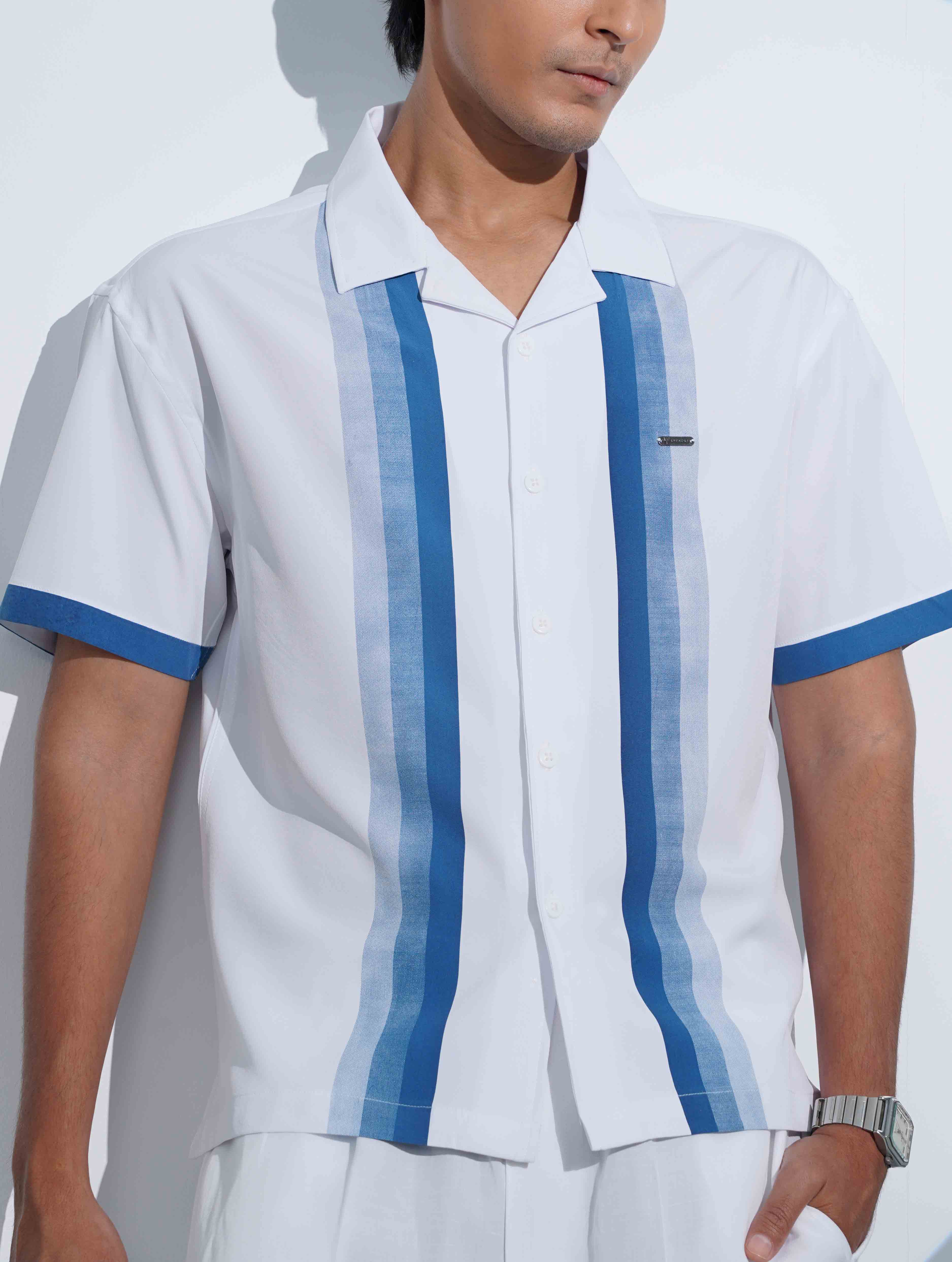 White - Sky stripe Contrast Havana Shirt