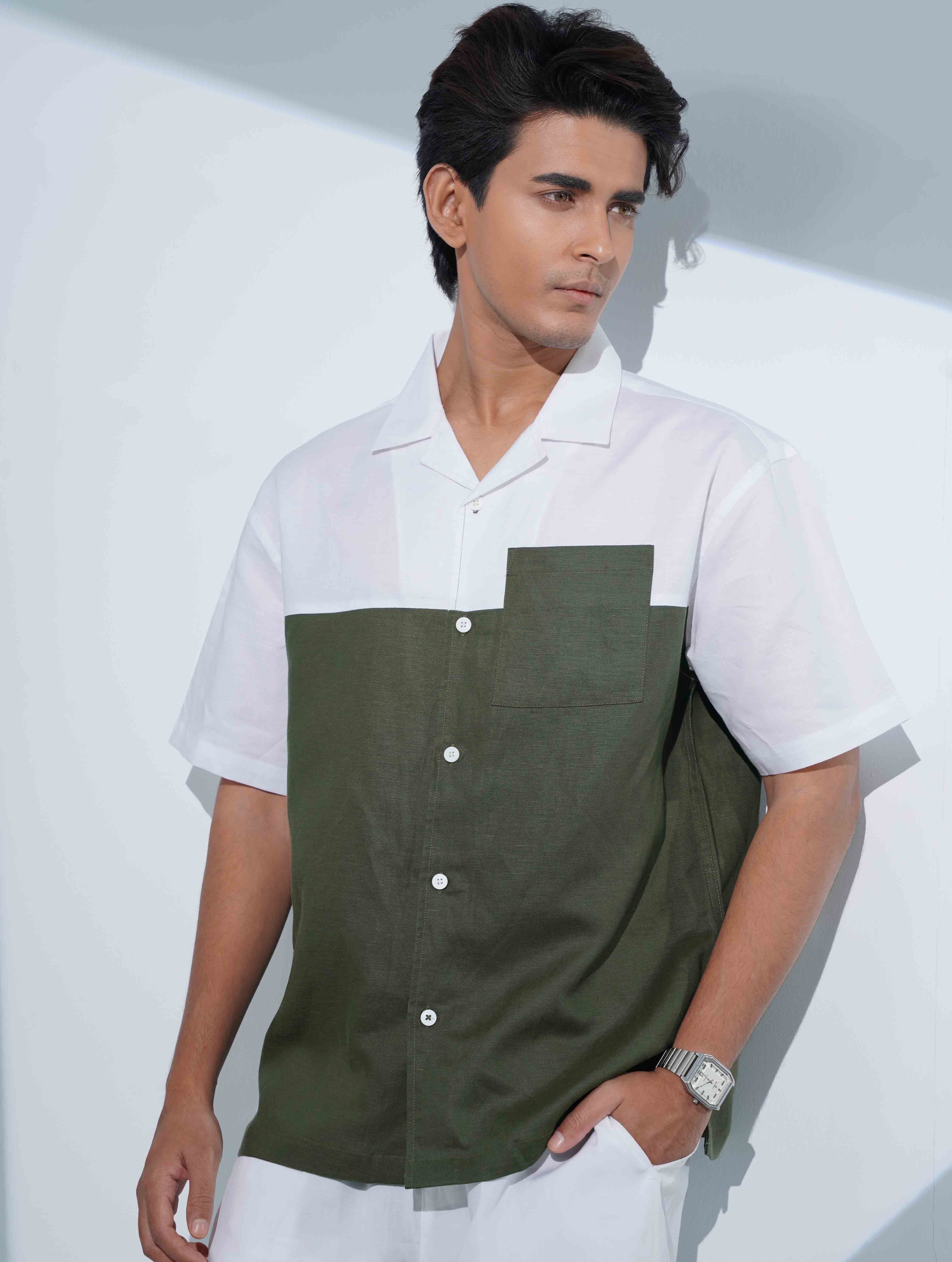 White- Green Contrast Remi Cotton Havana Shirt