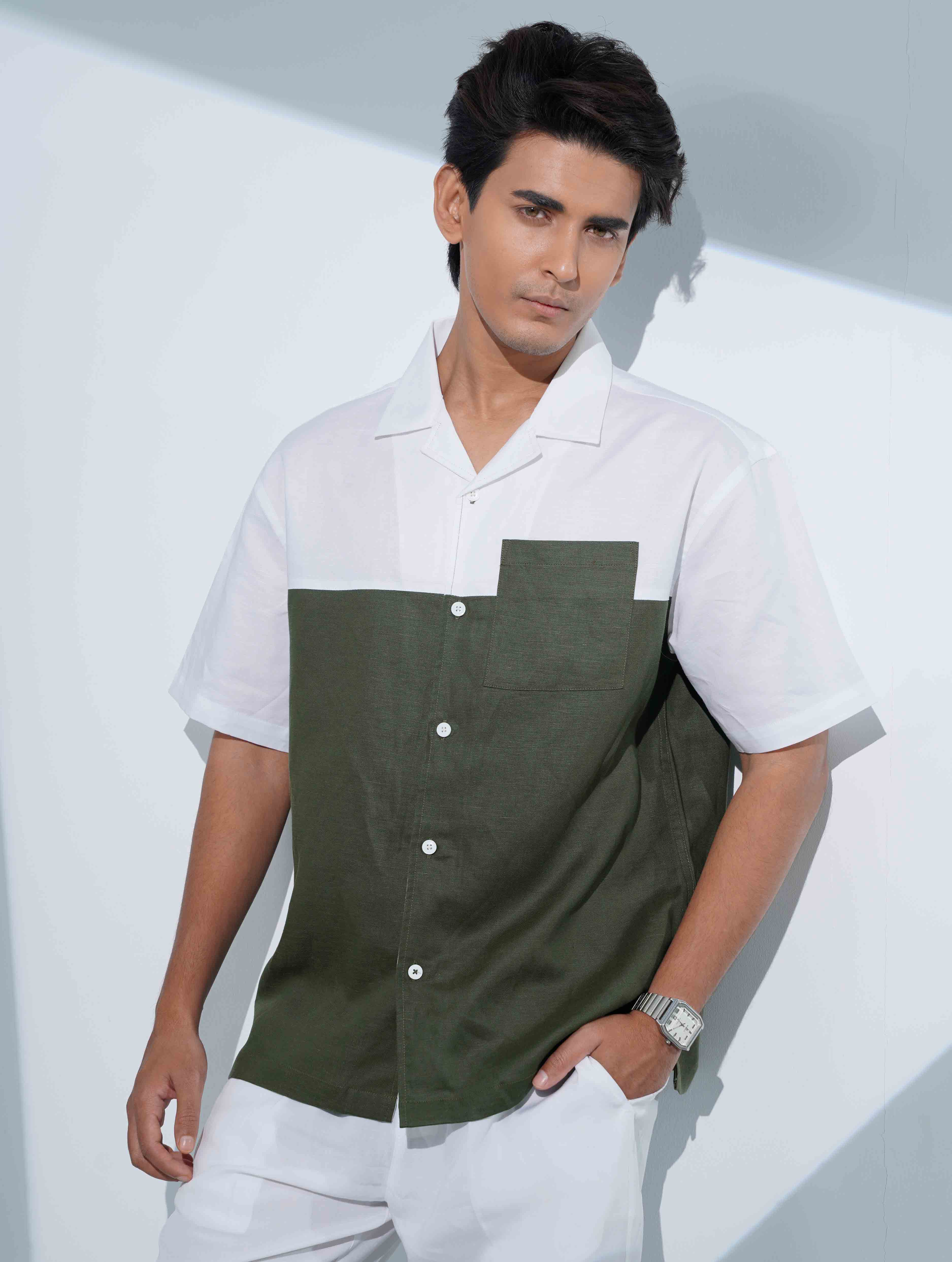 White- Green Contrast Remi Cotton Havana Shirt
