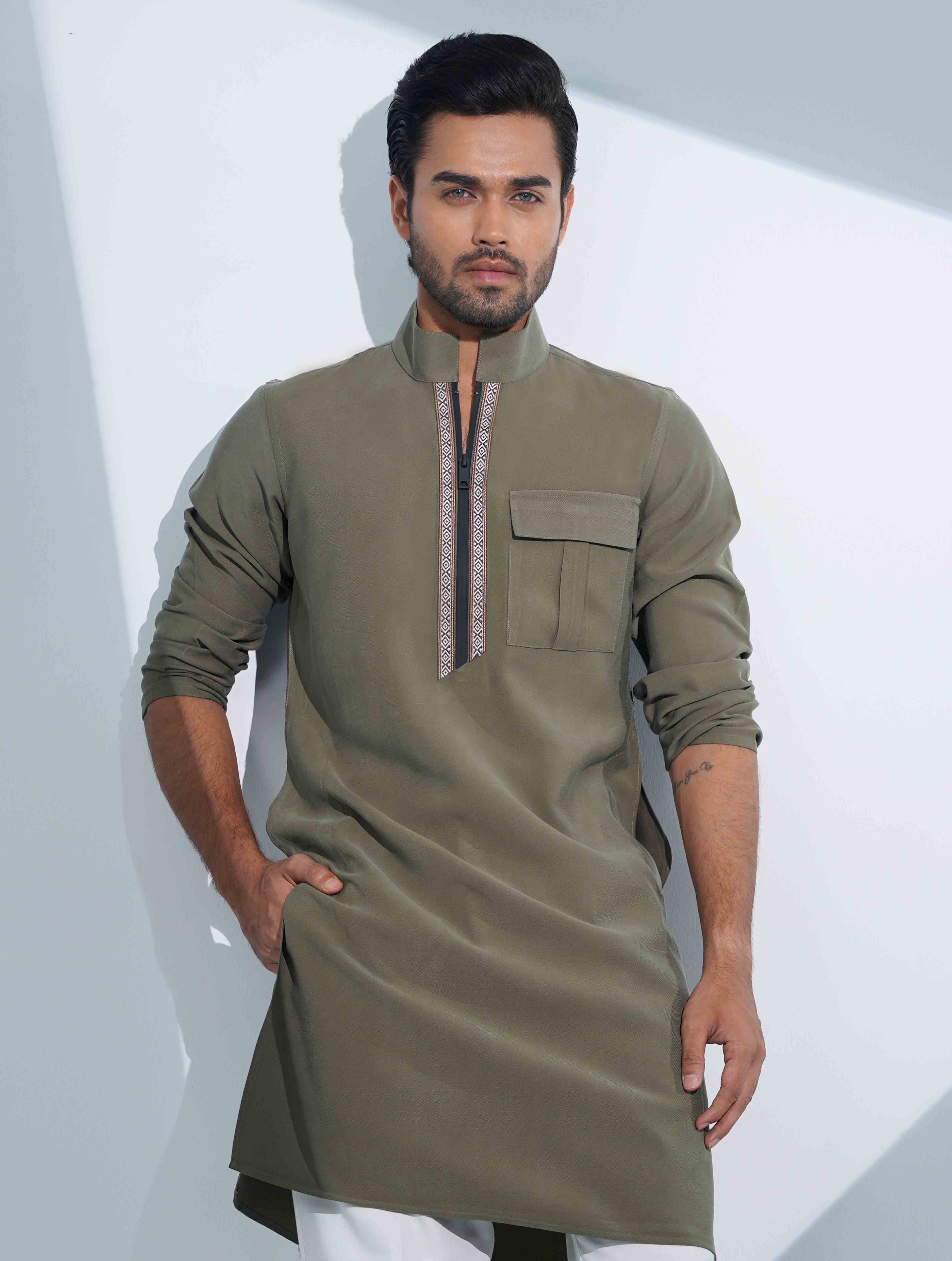 Dark Olive High Collar Pocket zipper design panjabi