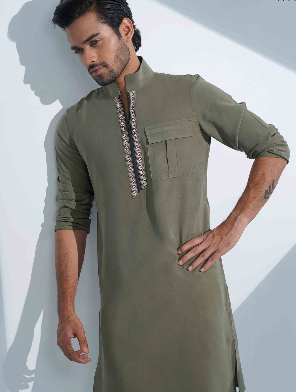 Dark Olive High Collar Pocket zipper design panjabi