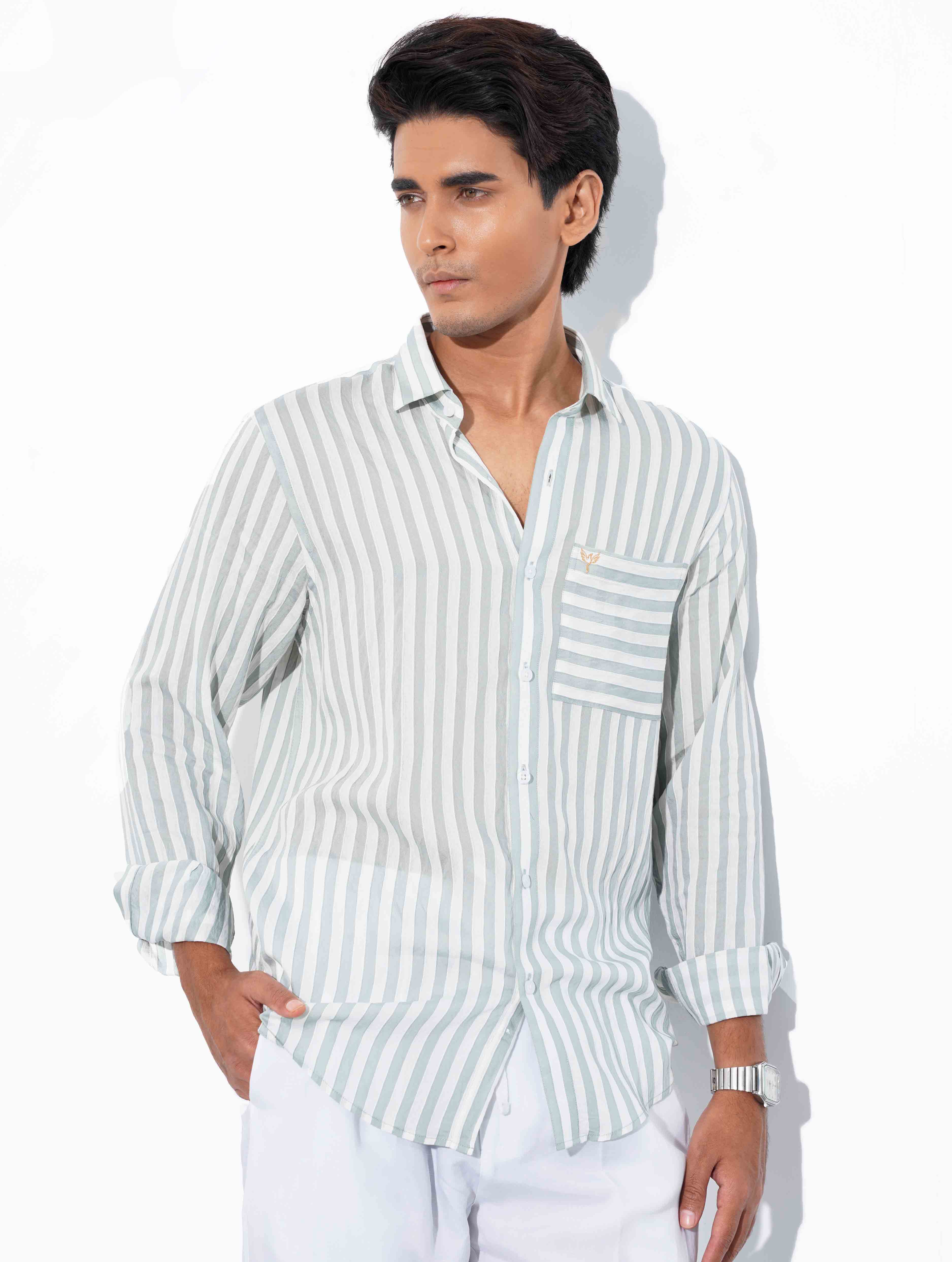 White faded Olive stripe Full sleeve shirt