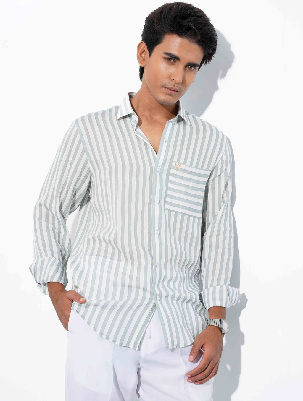 White faded Olive stripe Full sleeve shirt