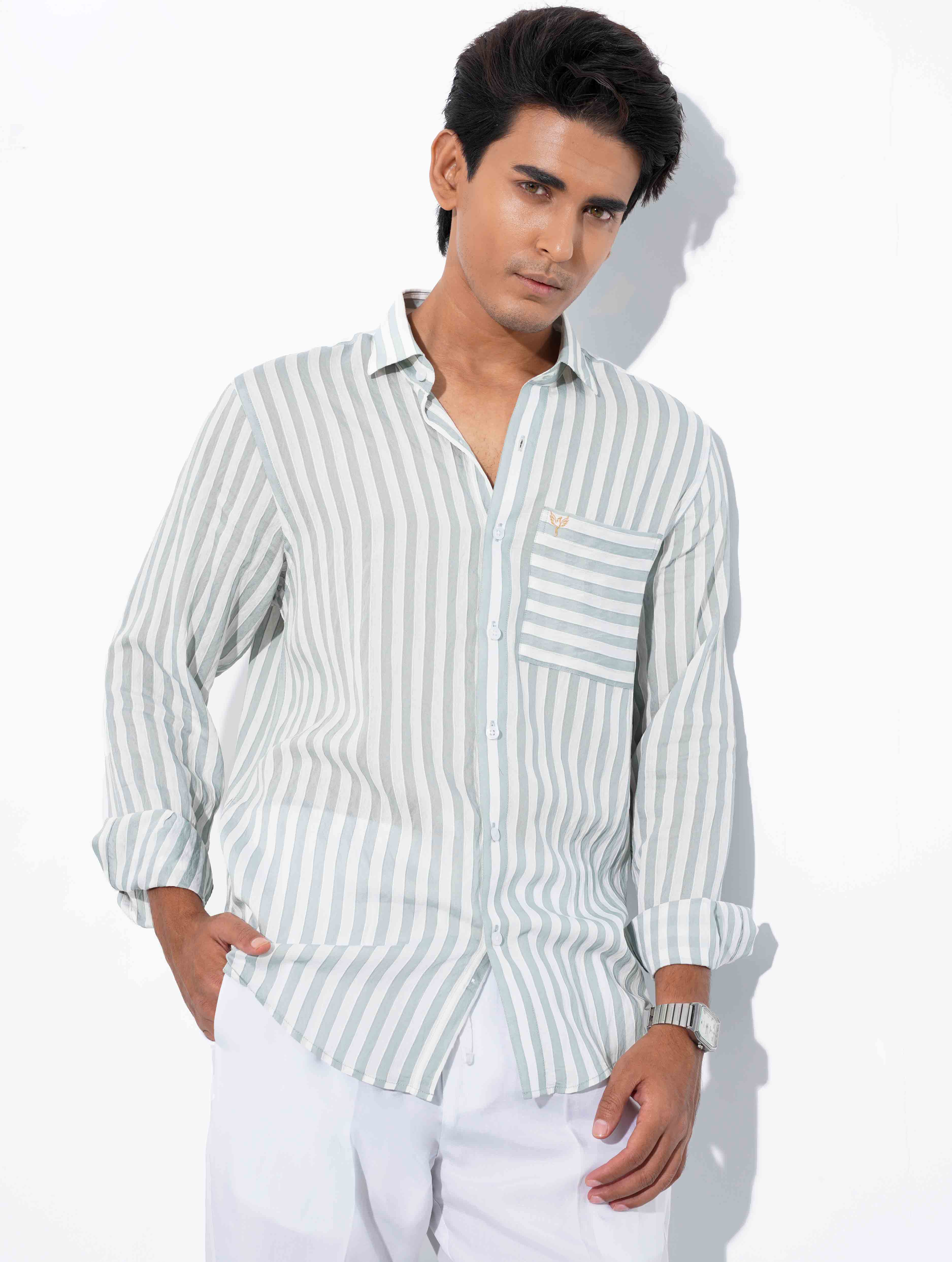 White faded Olive stripe Full sleeve shirt