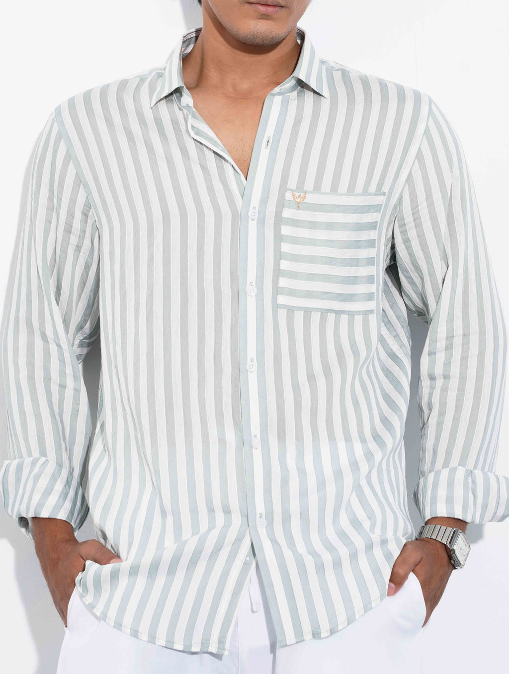 White faded Olive stripe Full sleeve shirt