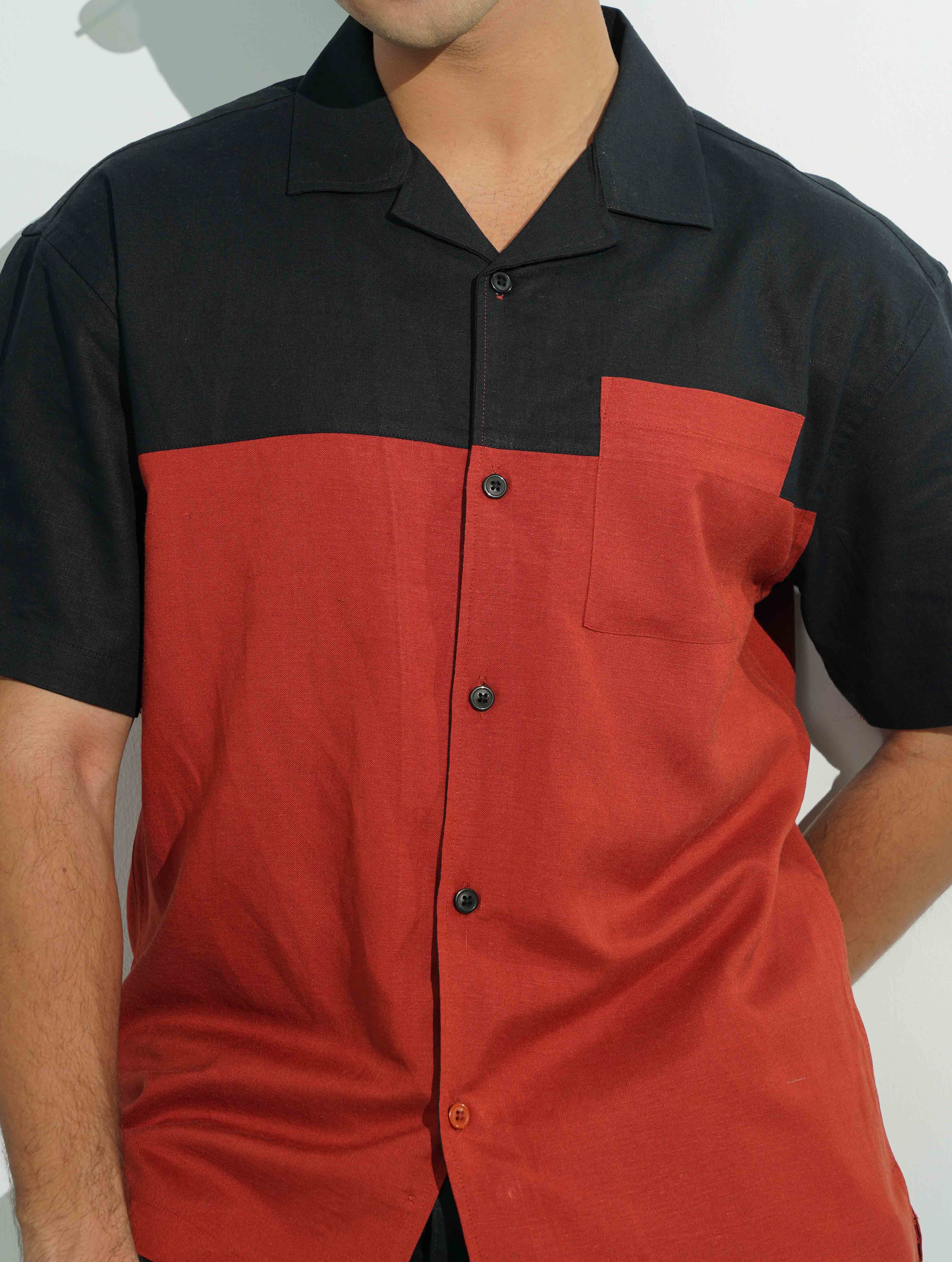 Black and Brunt Orange contrast havana shirt