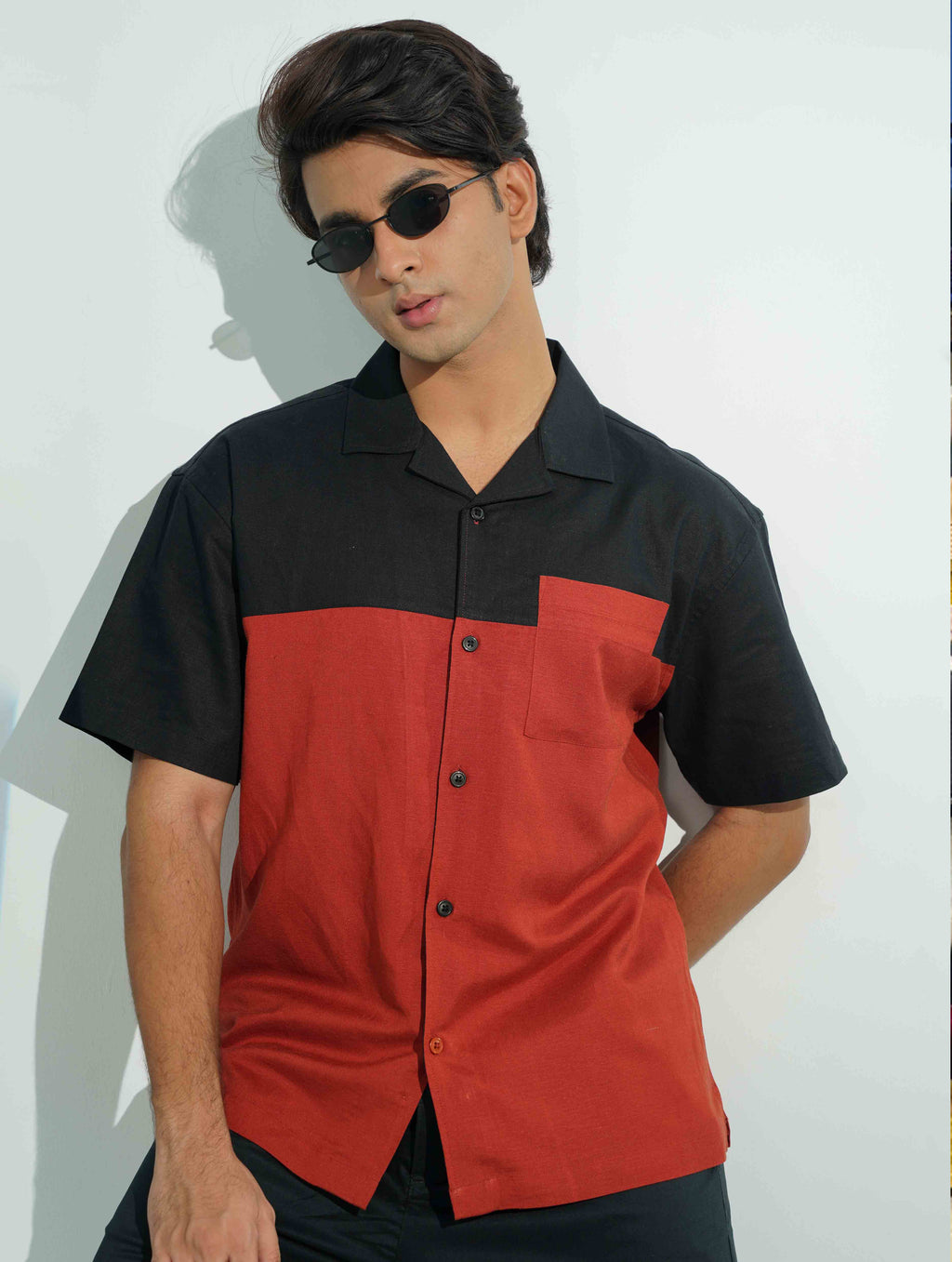Black and Brunt Orange contrast havana shirt