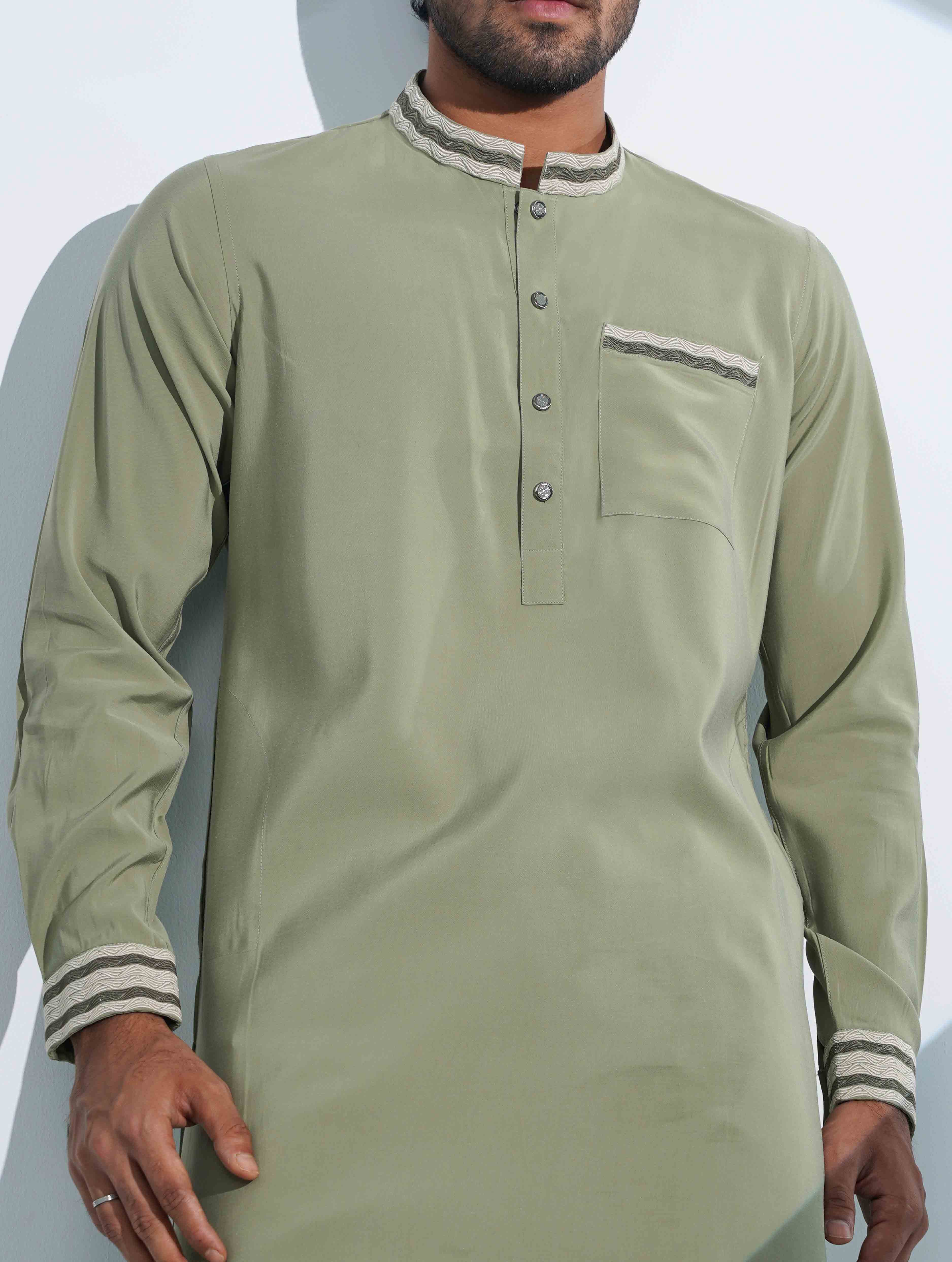 Olive Collar pocket Embriodery panjabi