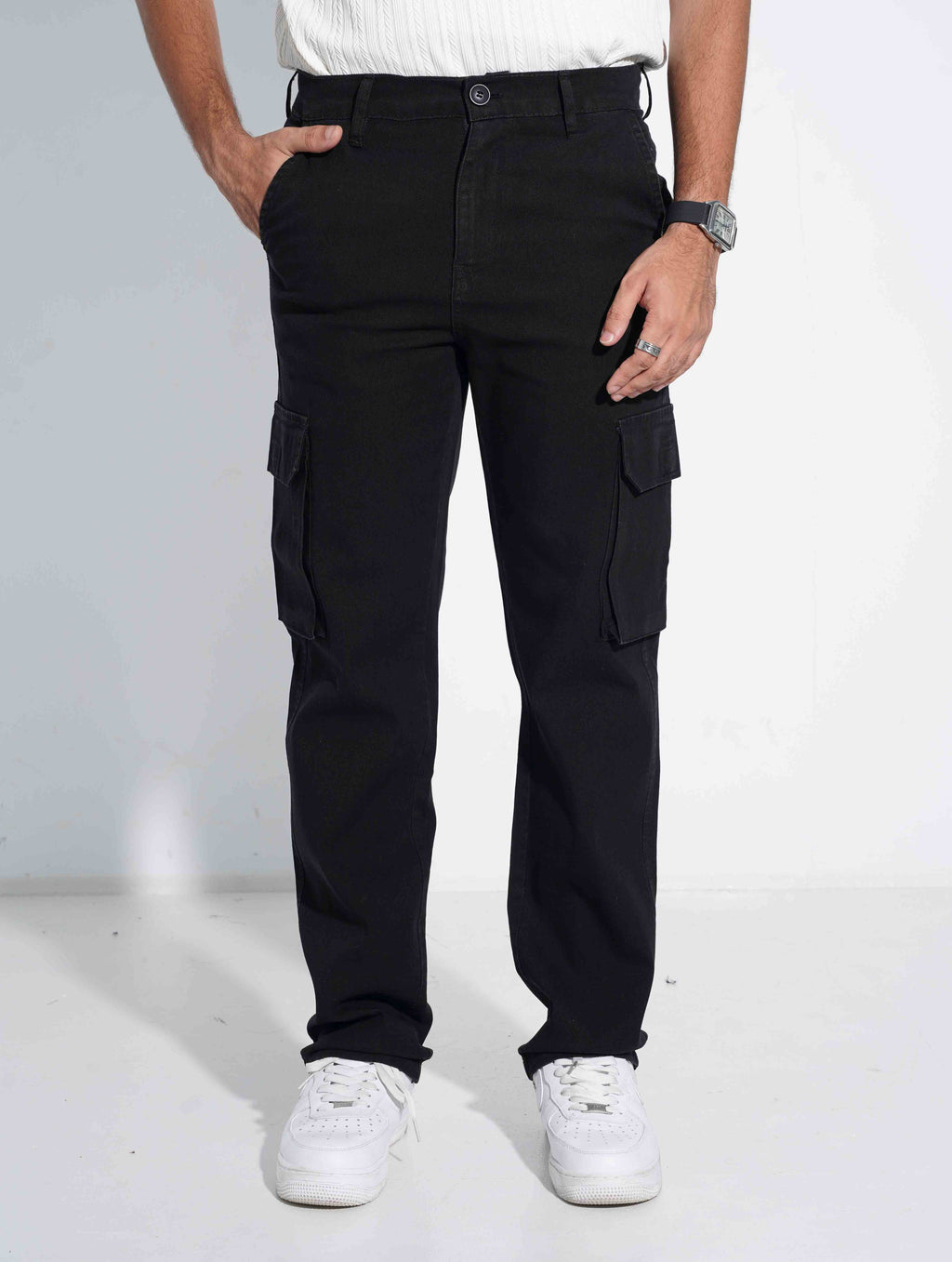 Black stretch denim Baggy Cargo Pant