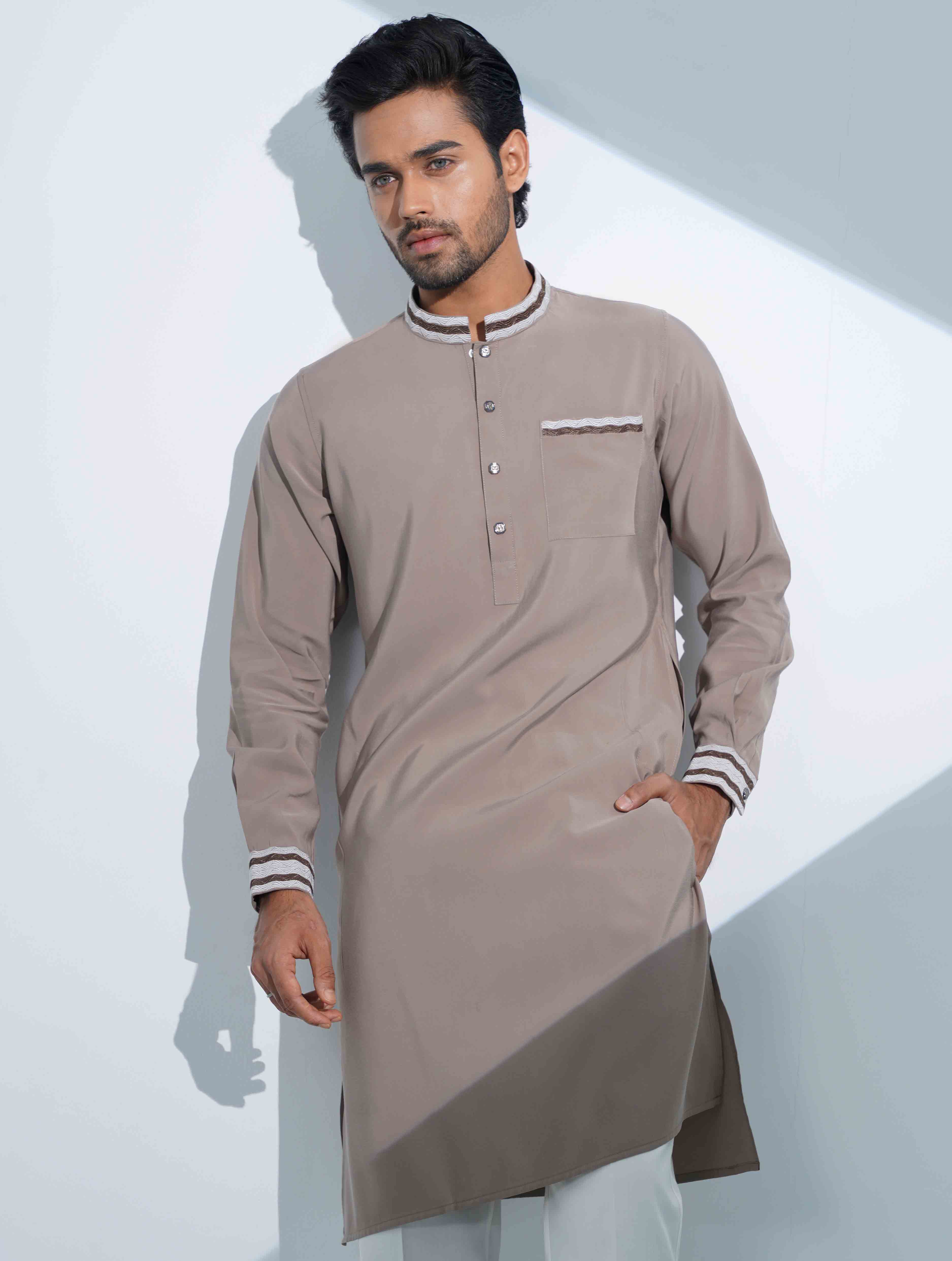 Beige Collar pocket Embriodery panjabi