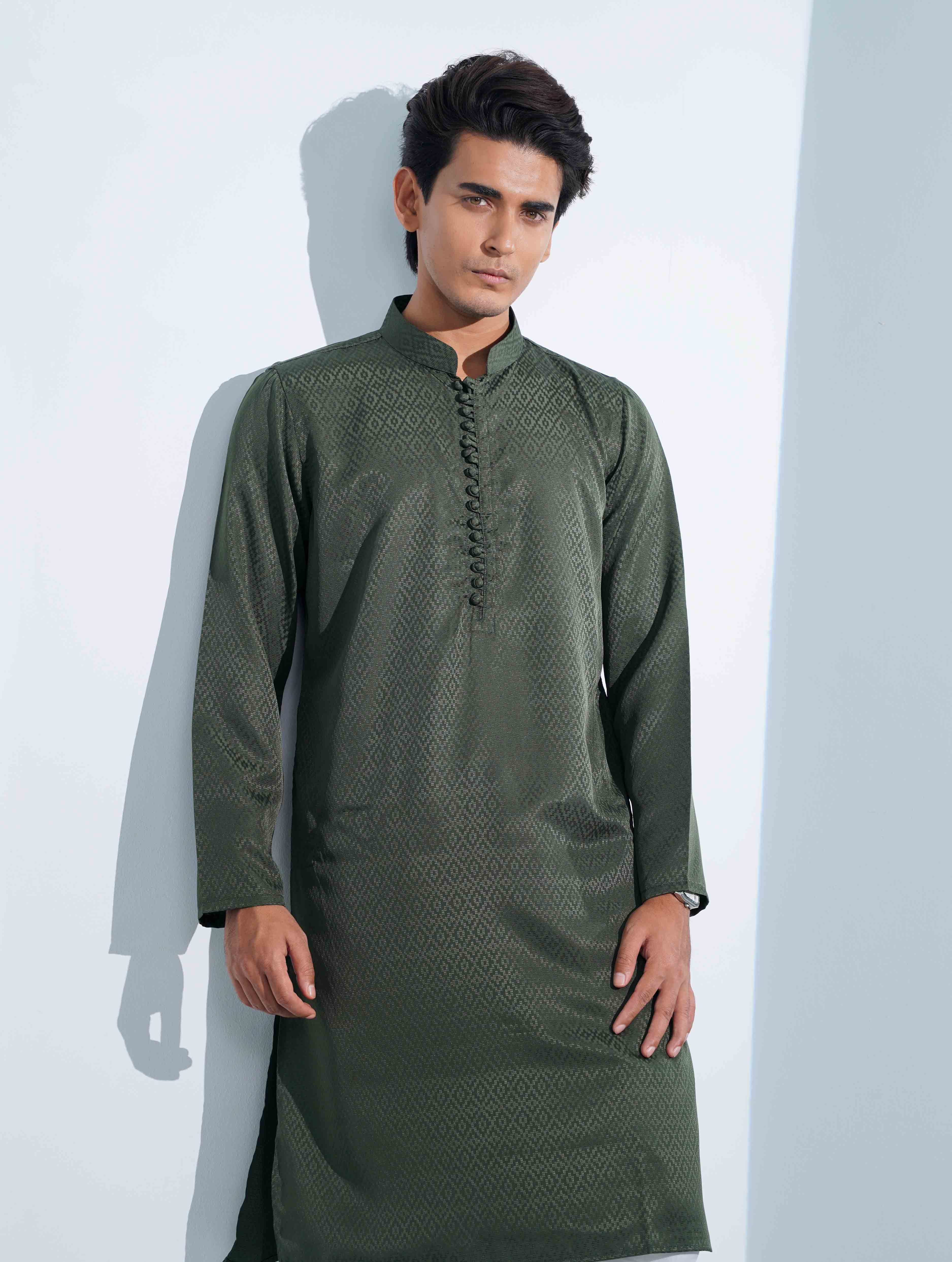Dark Green Aesthetic Solid Studs Button Panjabi