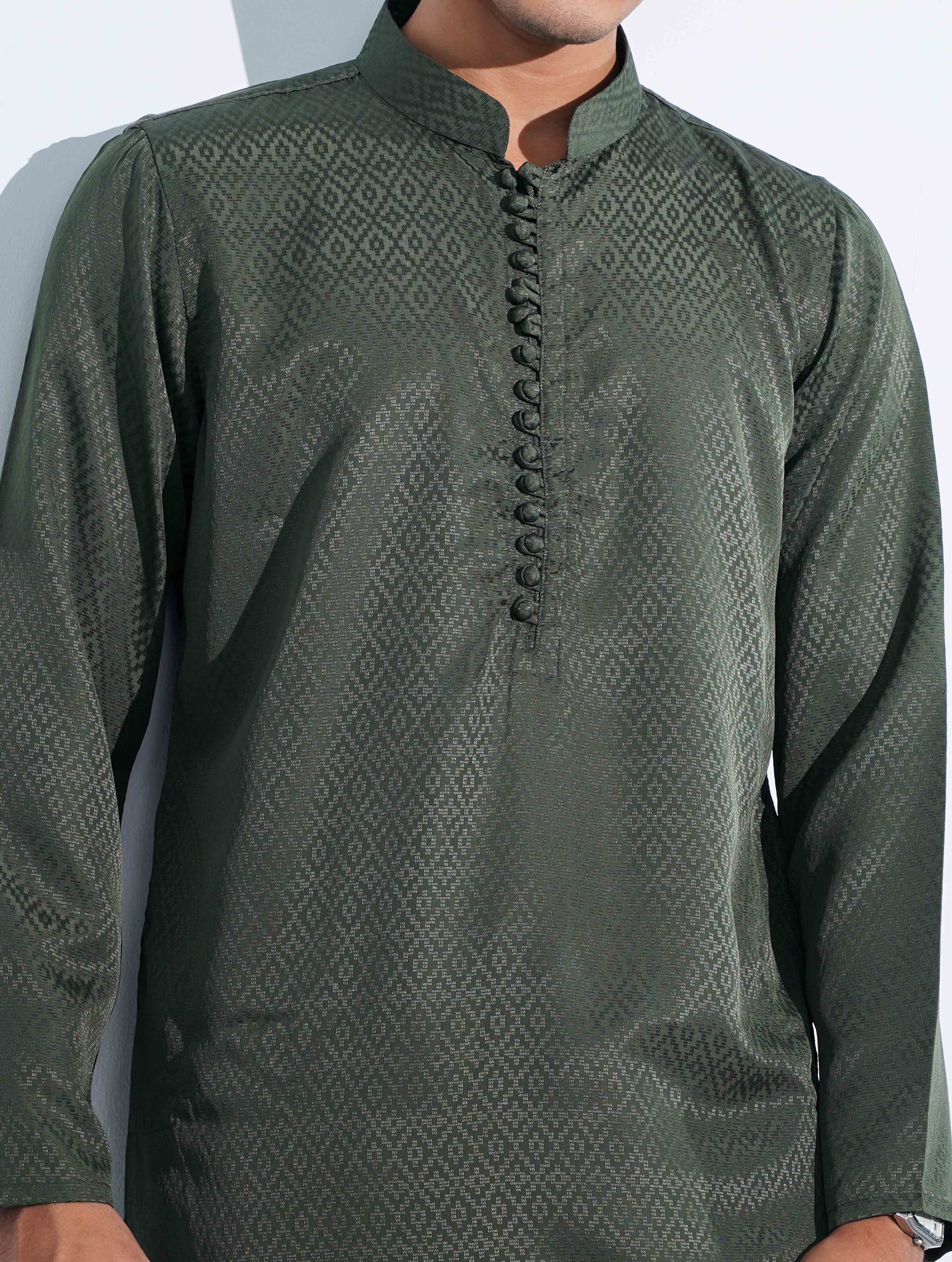 Dark Green Aesthetic Solid Studs Button Panjabi