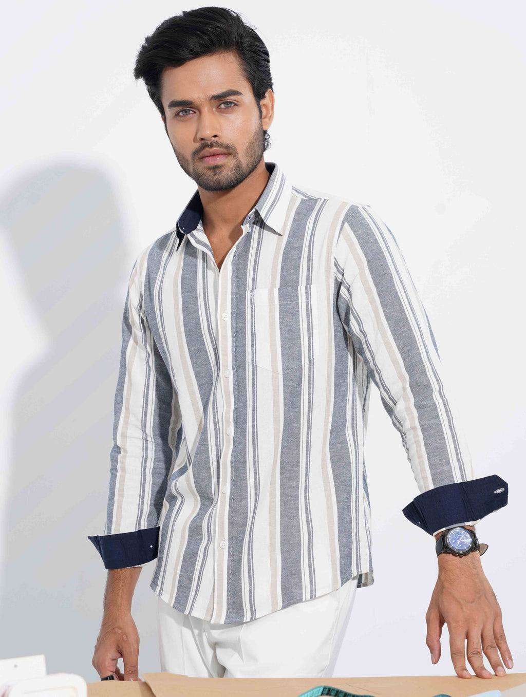 Off white Ash Cream  Stripe collar button Formal shirt