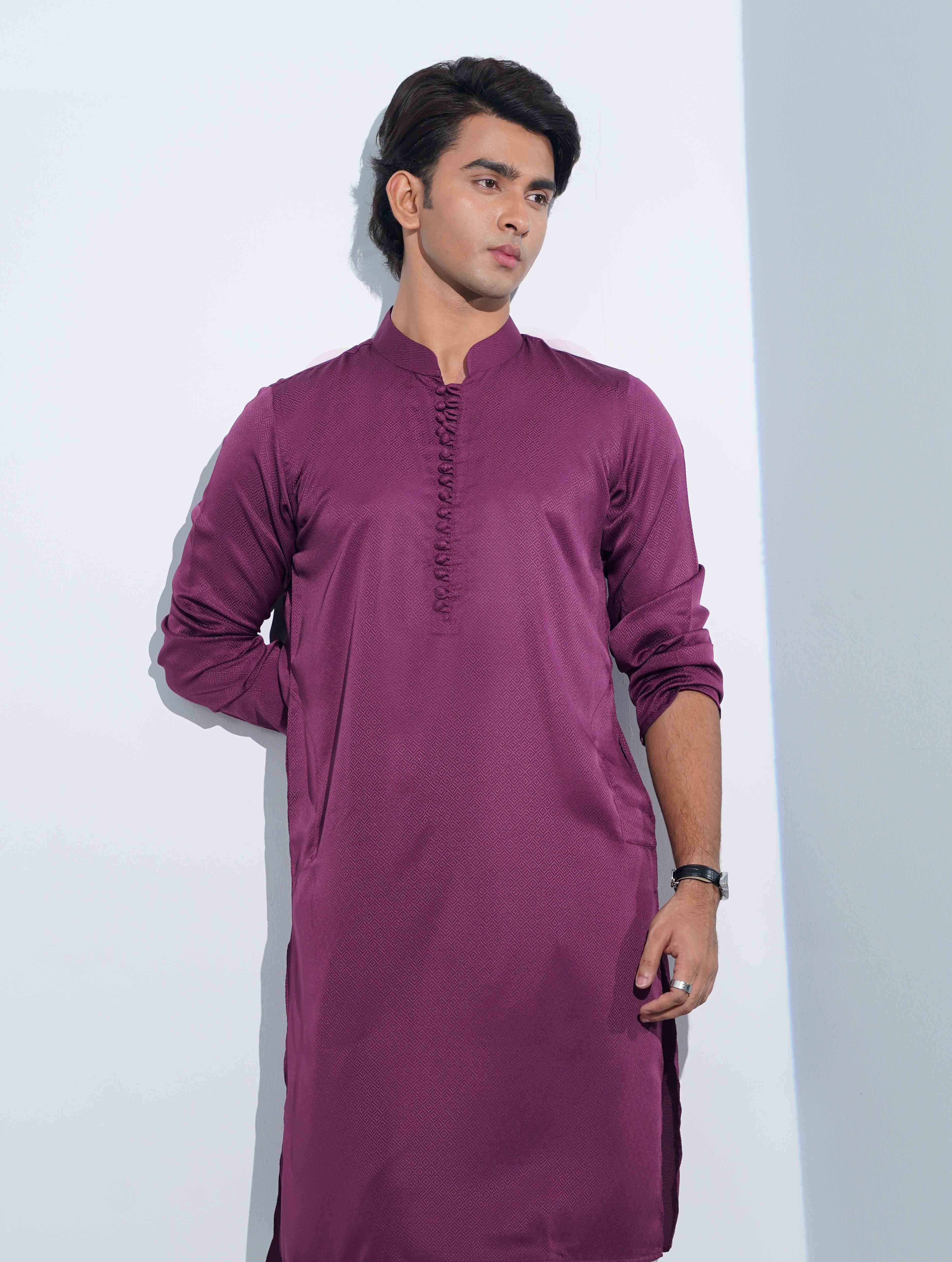 Purple Aesthetic Solid Studs Button Panjabi