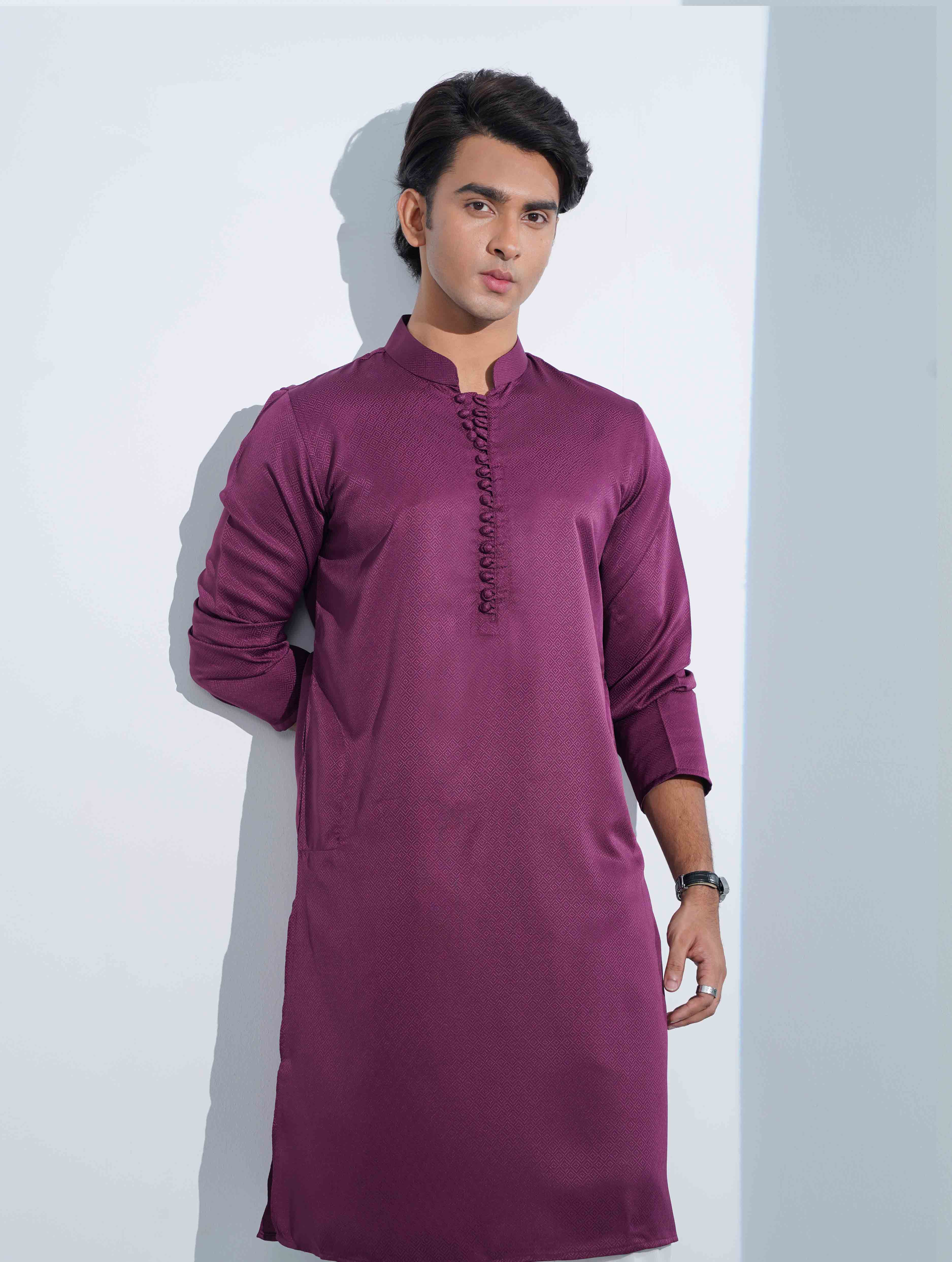 Purple Aesthetic Solid Studs Button Panjabi