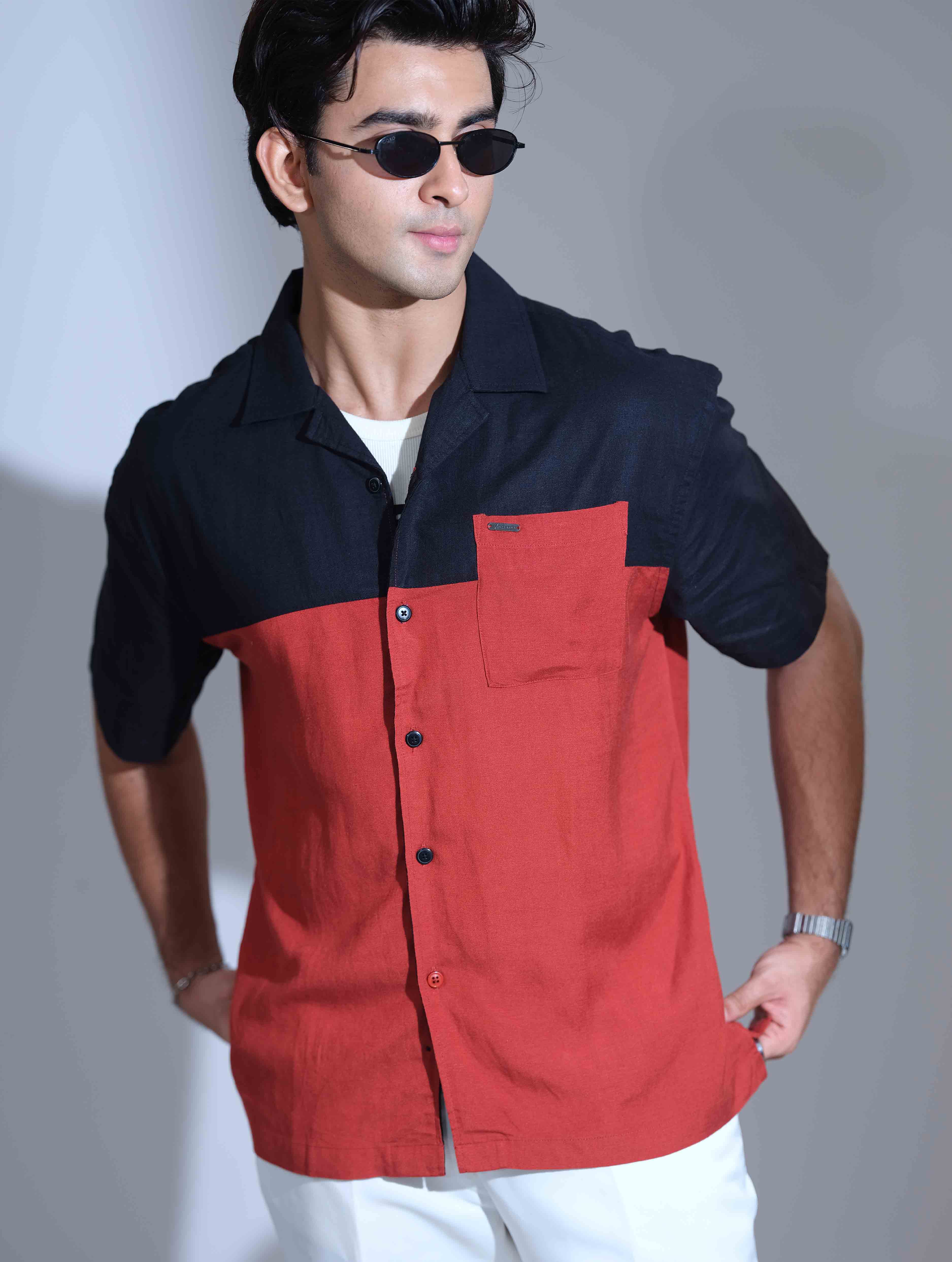 Black and Brunt Orange contrast havana shirt