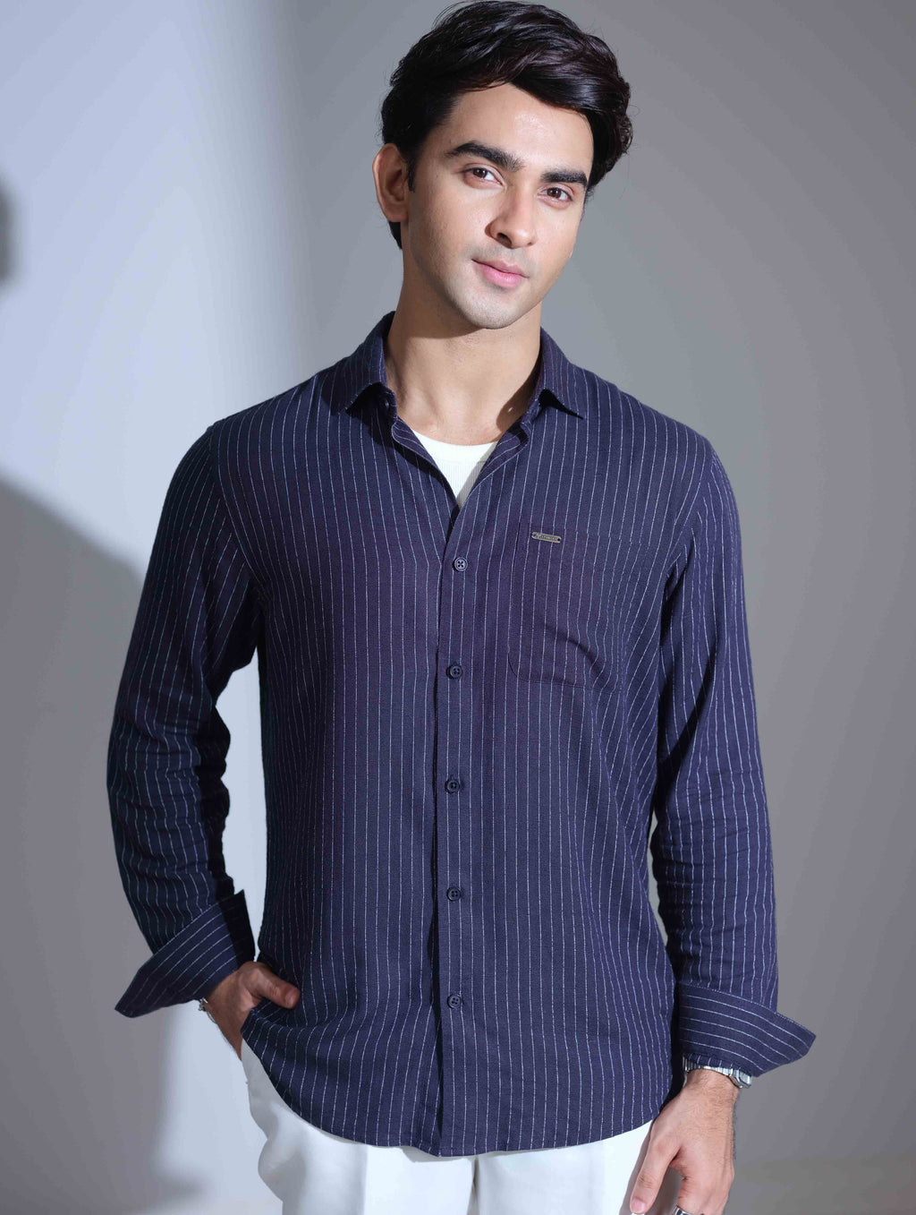 Navy blue white stripe full sleeve shirt