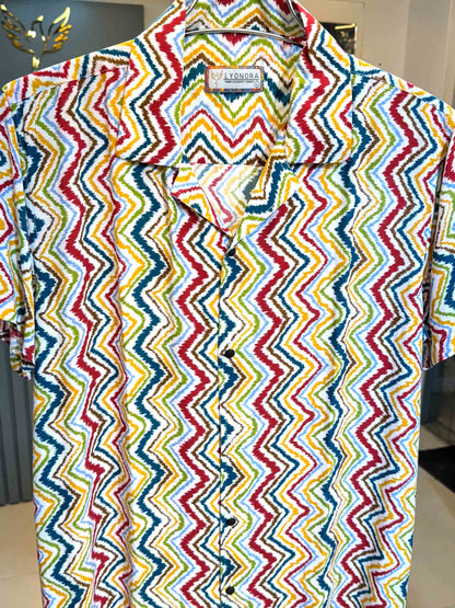 Yellow-green and pink zigzag printed havana shirt