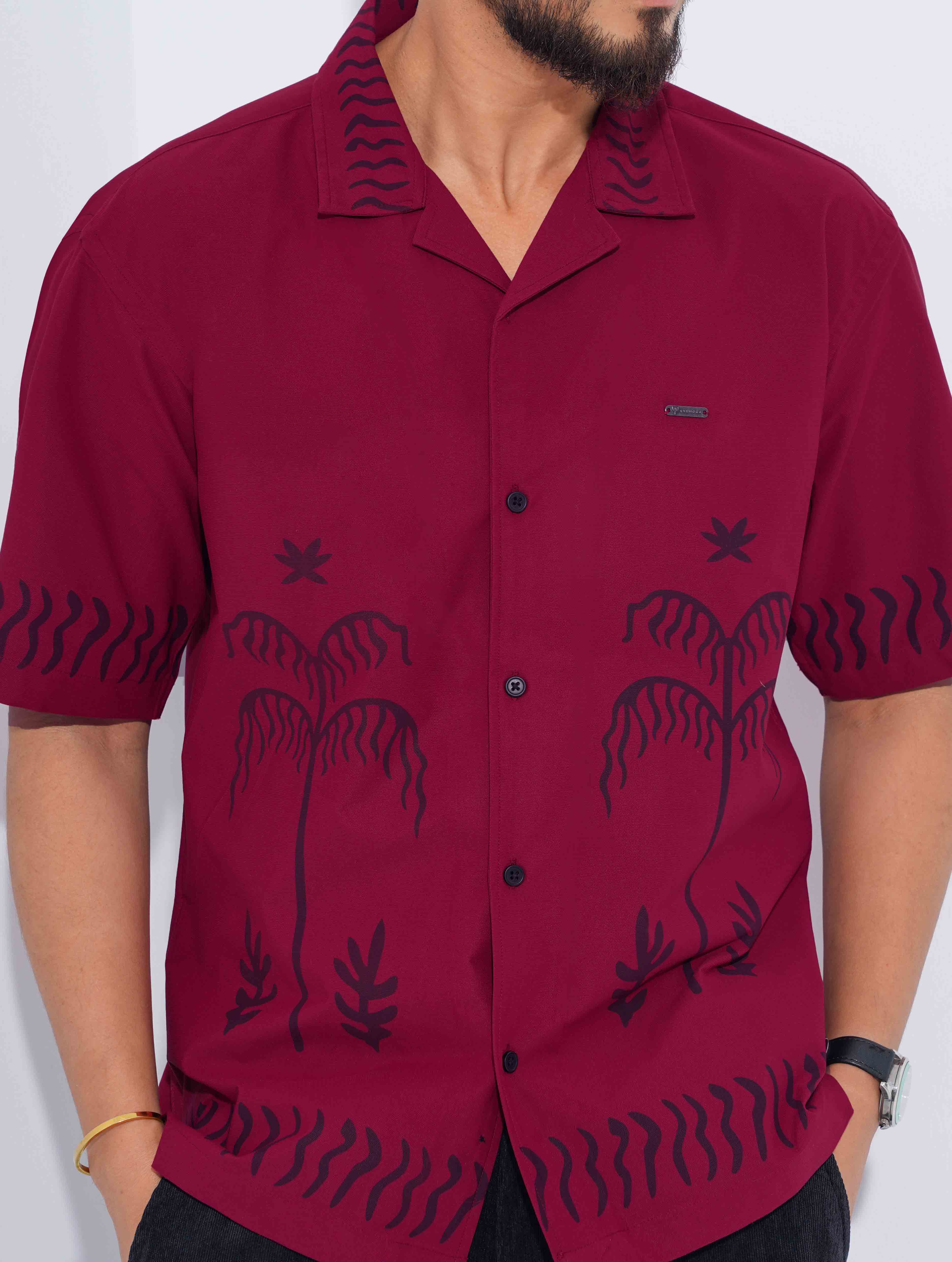 Maroon Black Tree Printed Drop-Shoulder Half Shirt