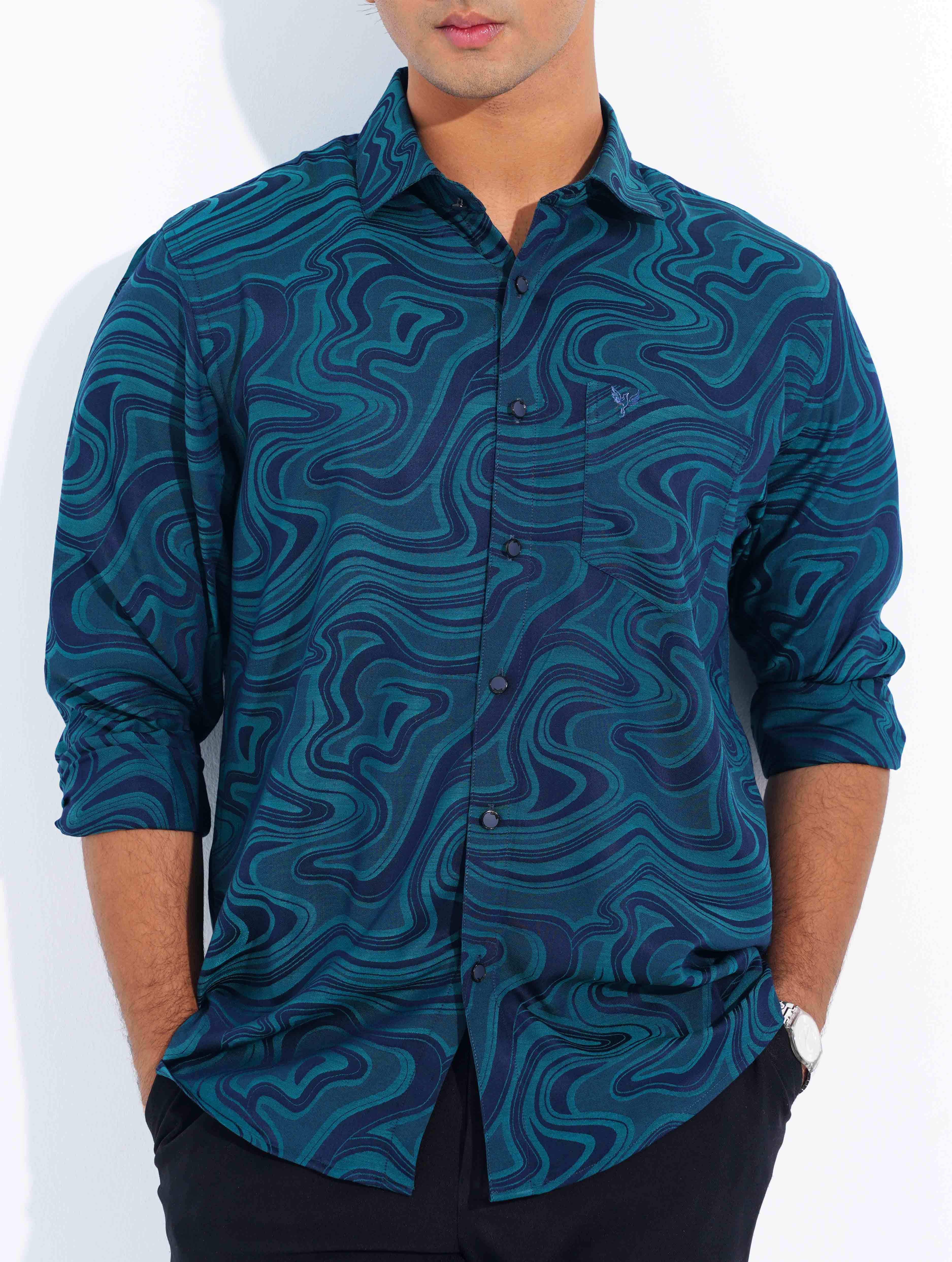 Green Blue print Premium Bamboo Silk Shirt