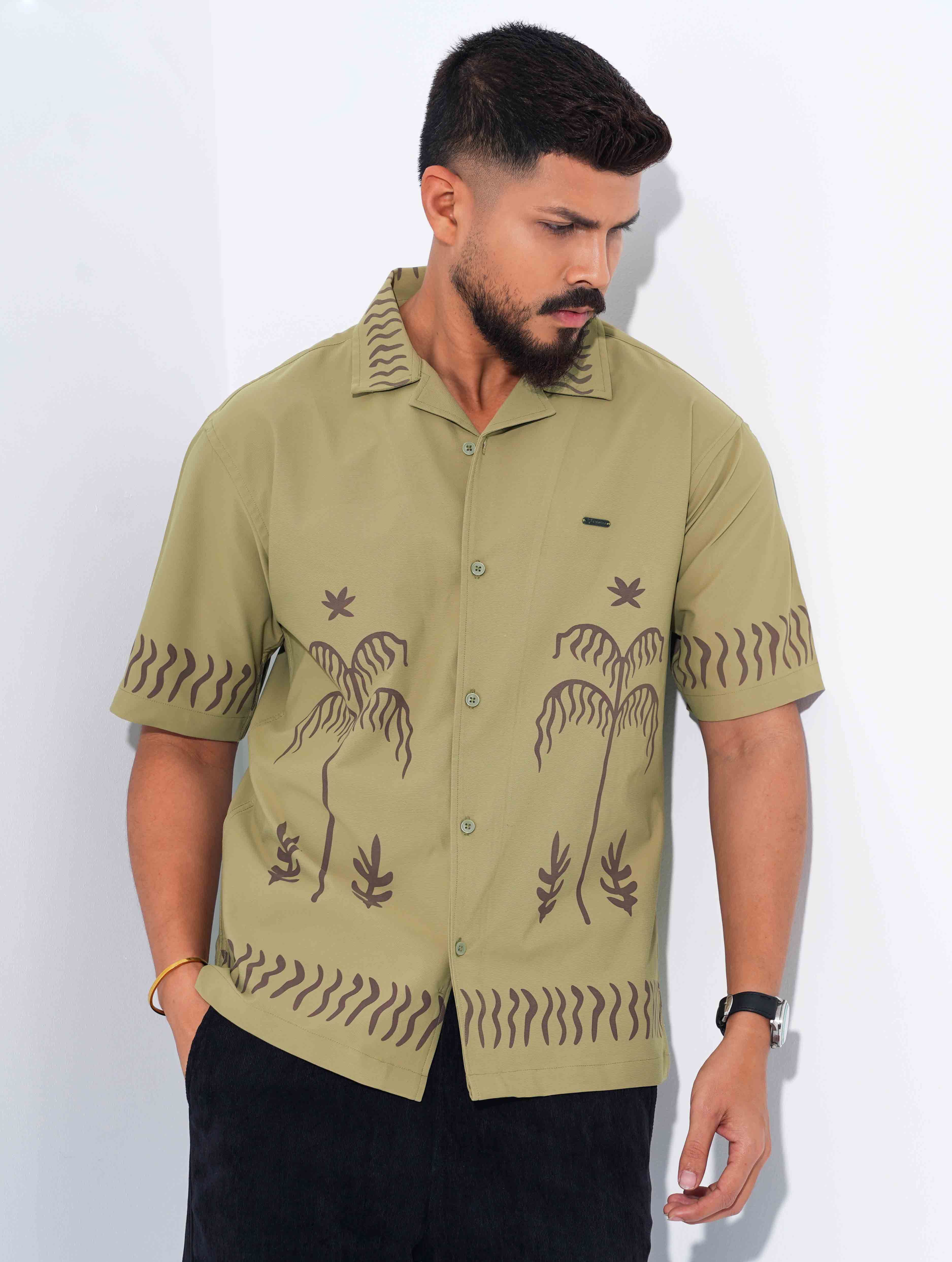 Light Olive Tree Printed Drop-Shoulder Half Shirt