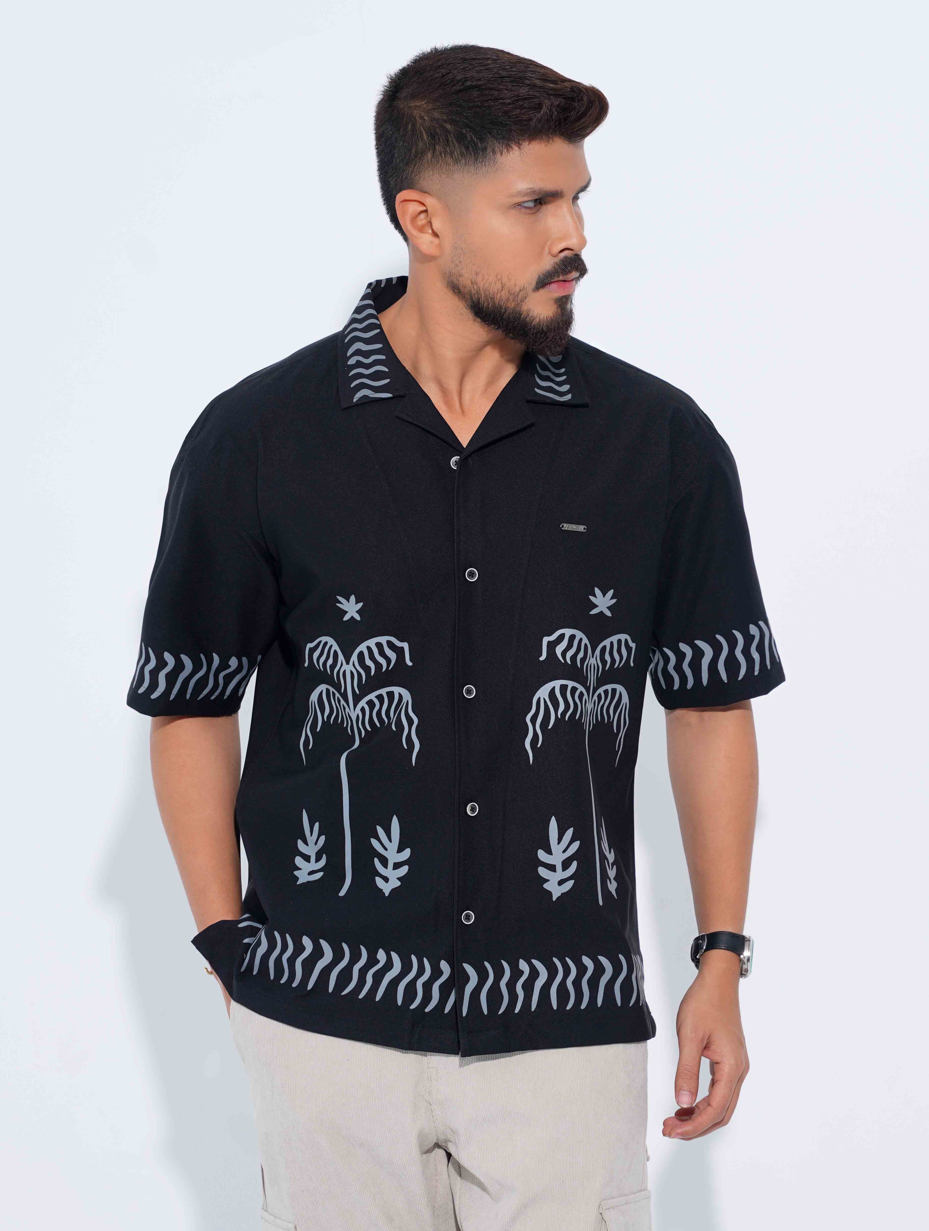 Black Ash Tree Printed Drop-Shoulder Half Shirt