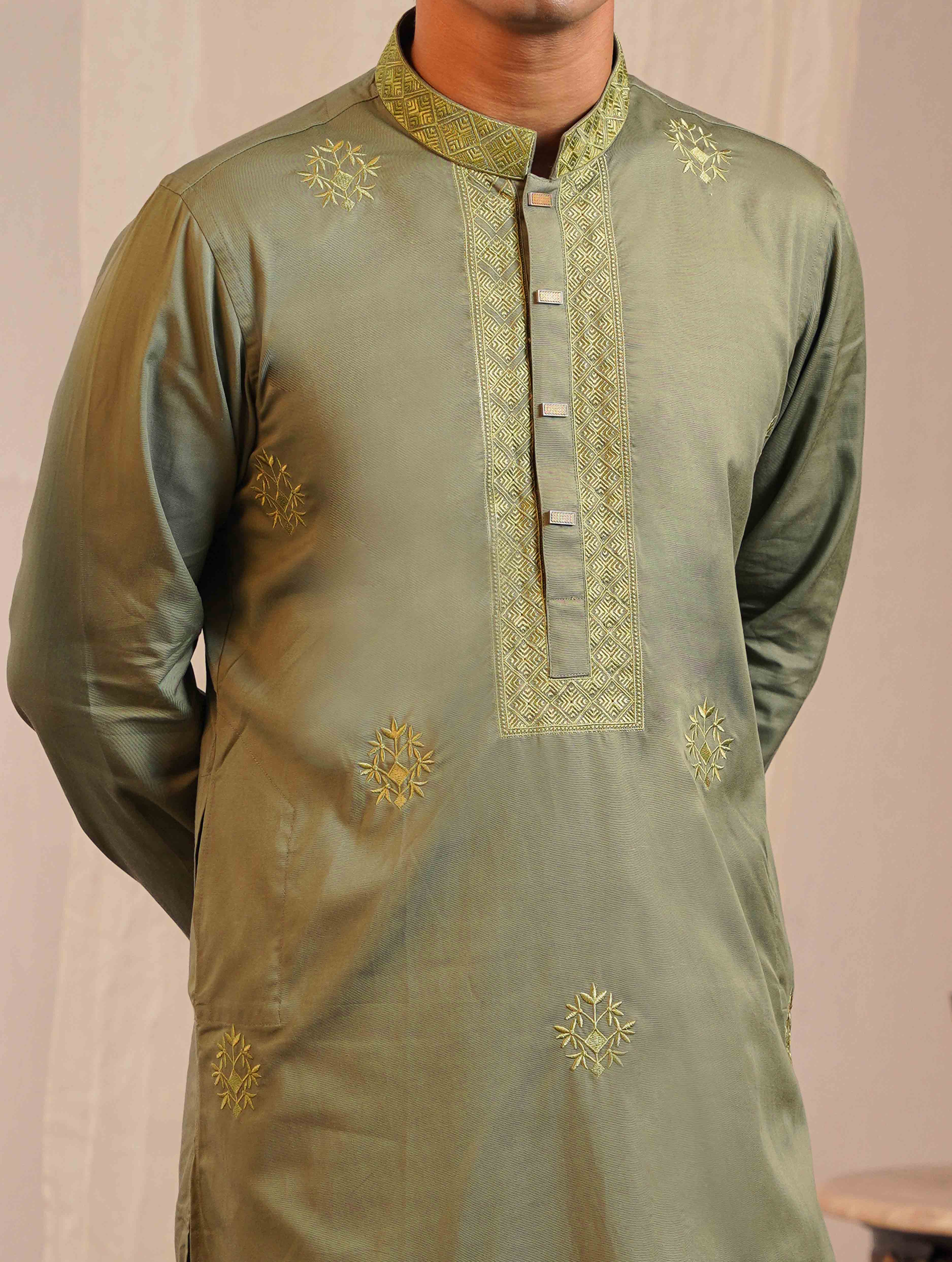 Light Olive color full body chest Embroidery premium Panjabi