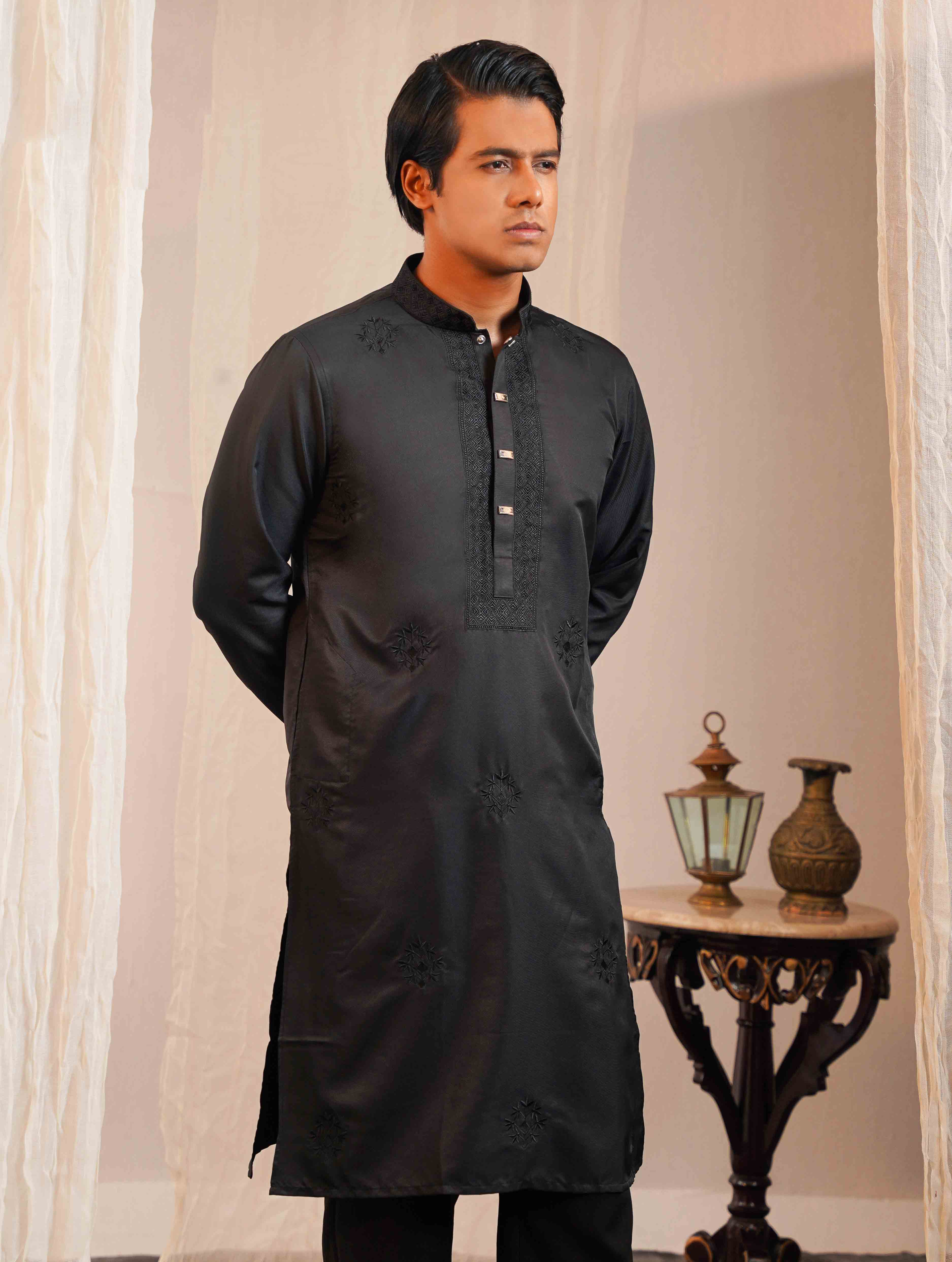 Matte black color full body chest Embroidery premium Panjabi