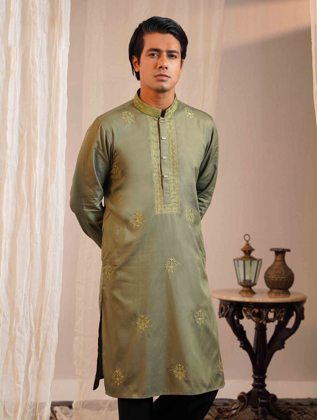 Light Olive color full body chest Embroidery premium Panjabi