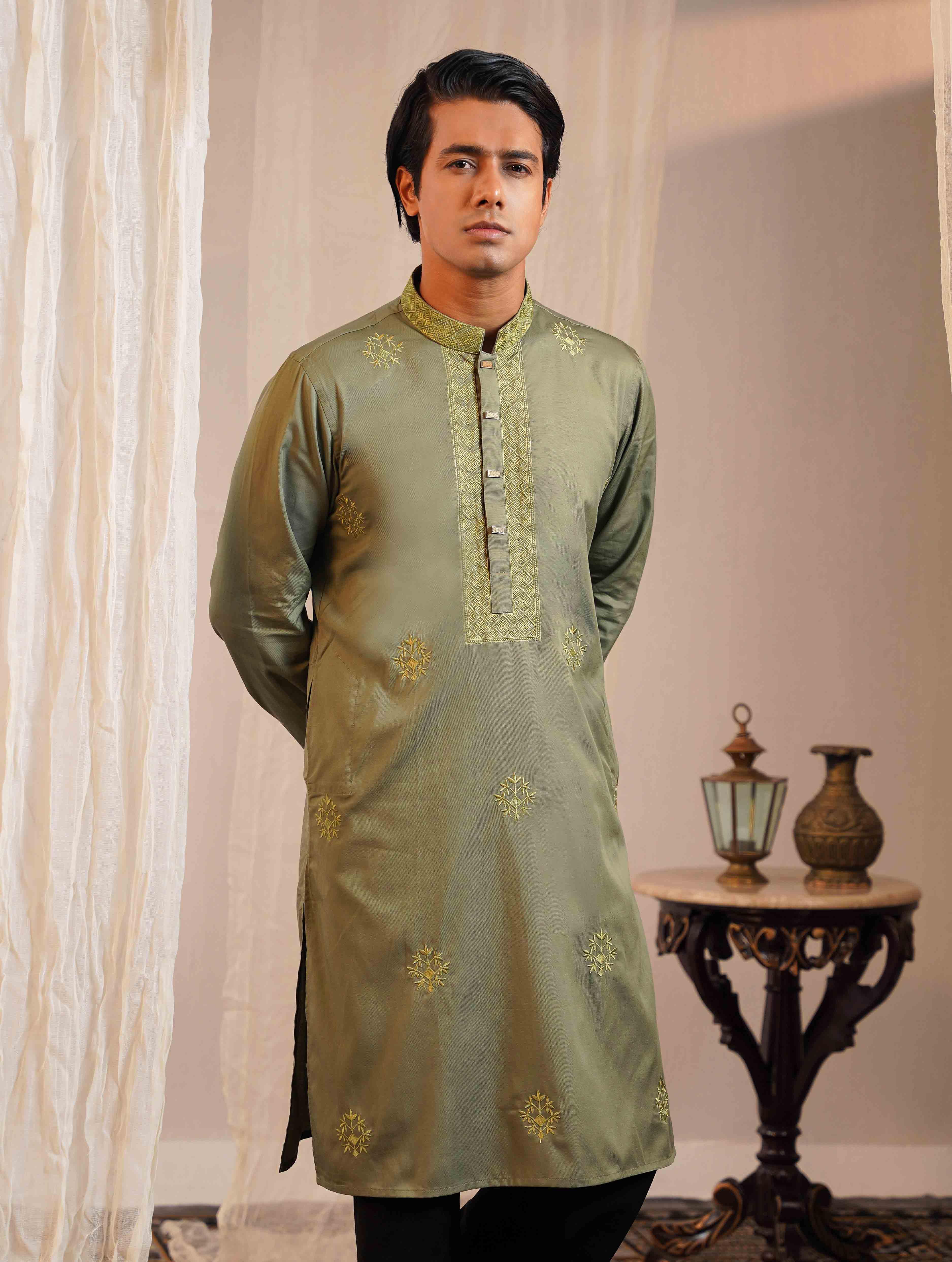 Light Olive color full body chest Embroidery premium Panjabi