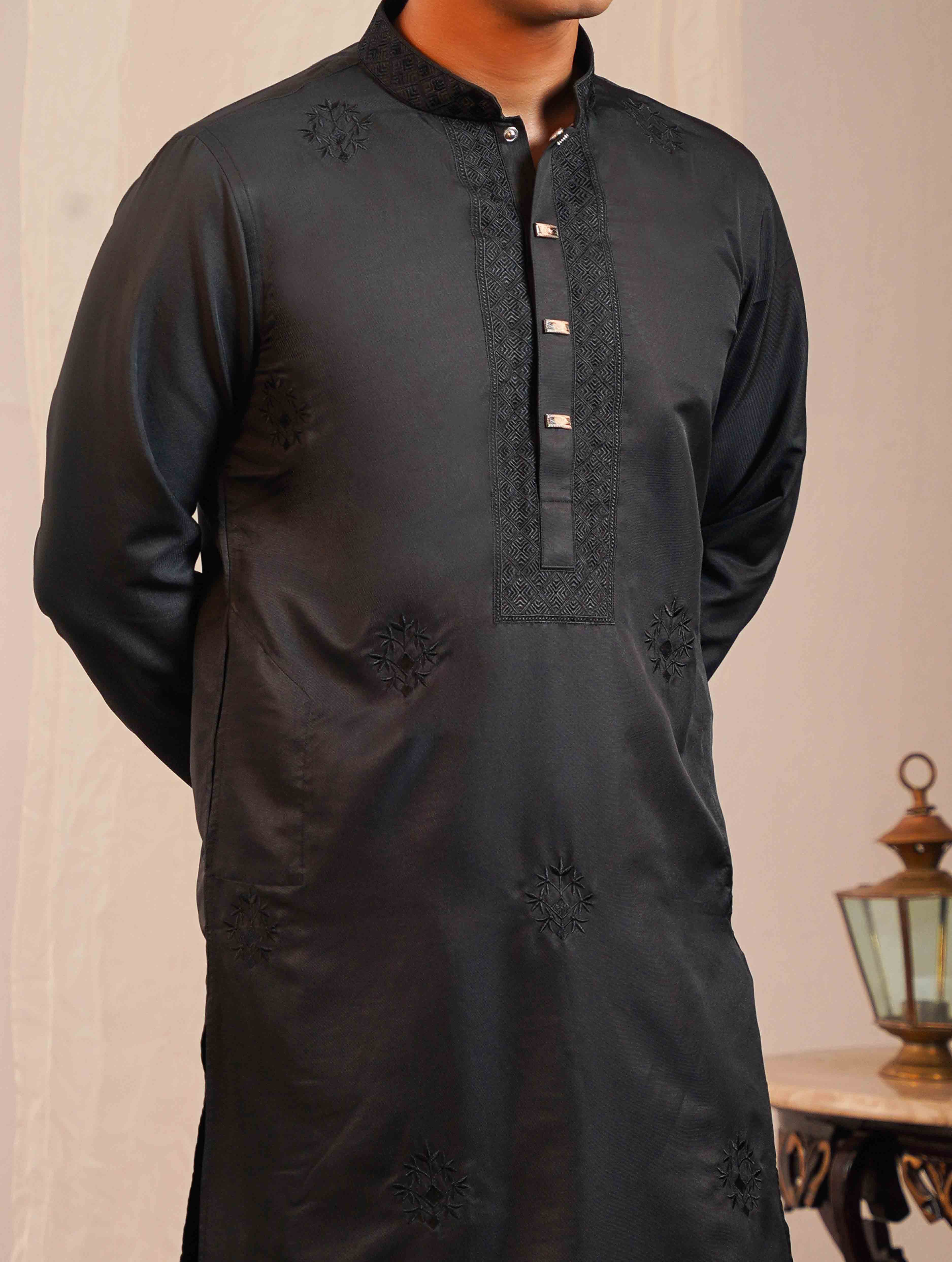 Matte black color full body chest Embroidery premium Panjabi