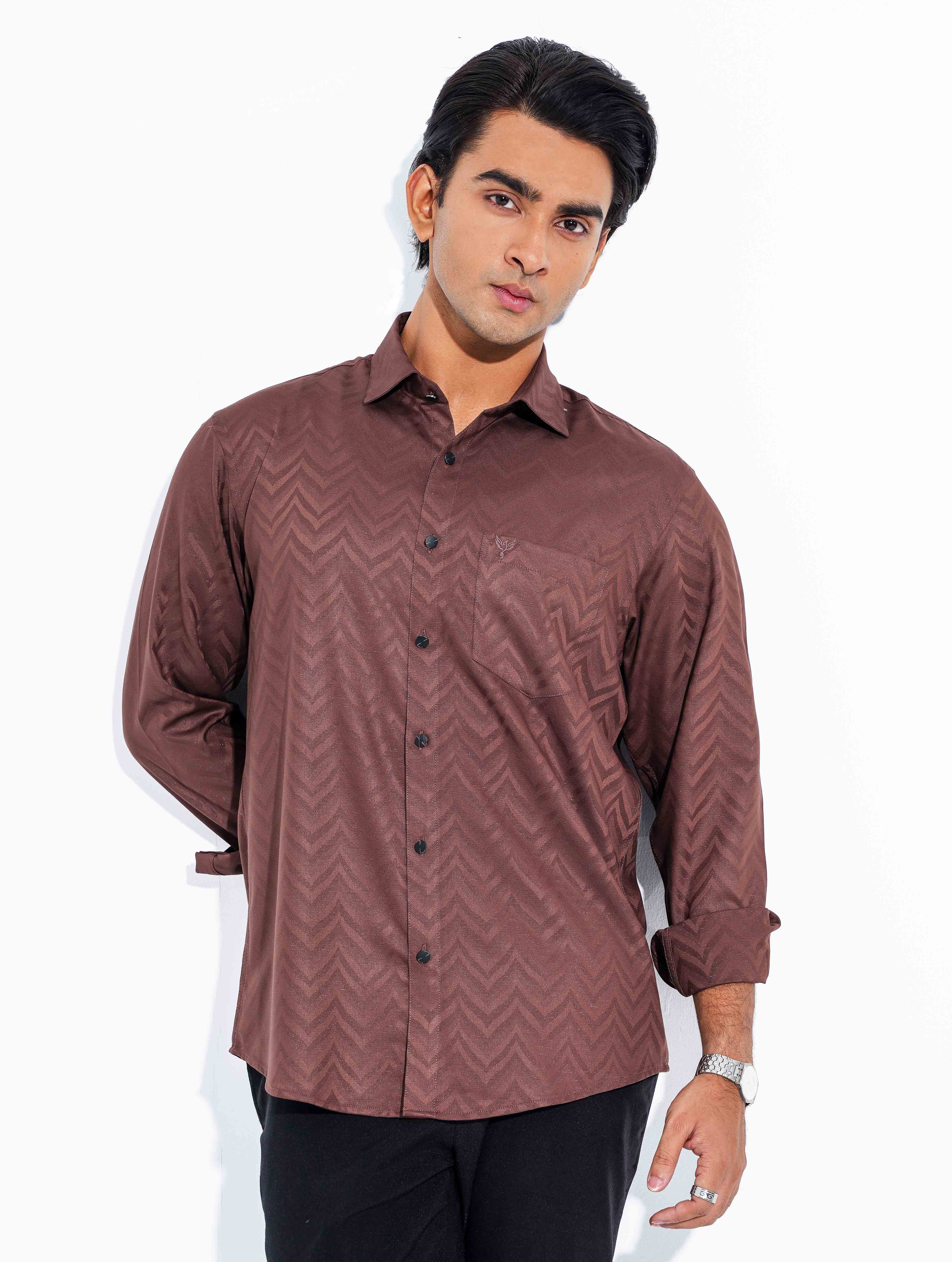 Dark Coffee zigzag texture Premium Bamboo Silk Shirt