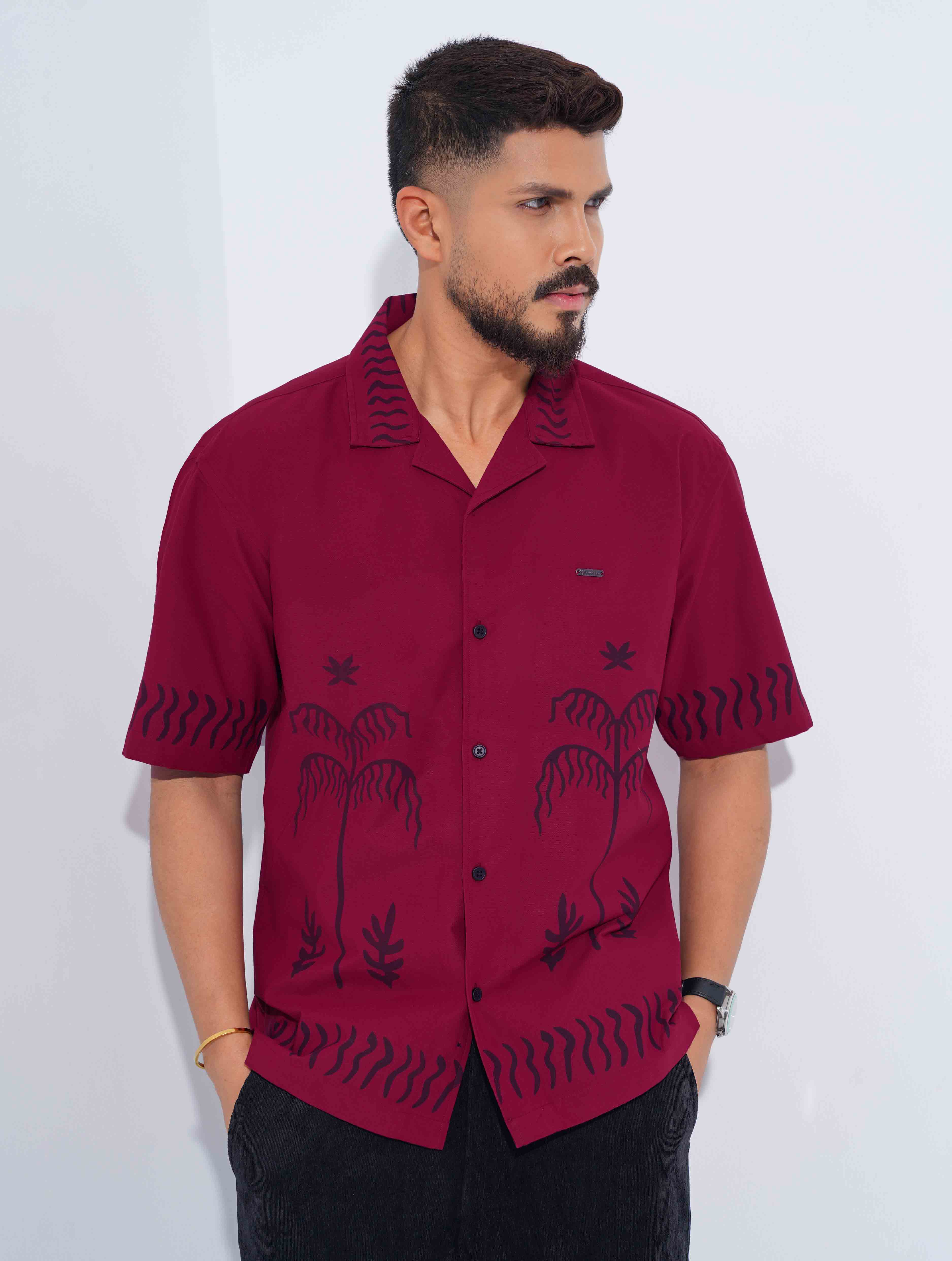 Maroon Black Tree Printed Drop-Shoulder Half Shirt
