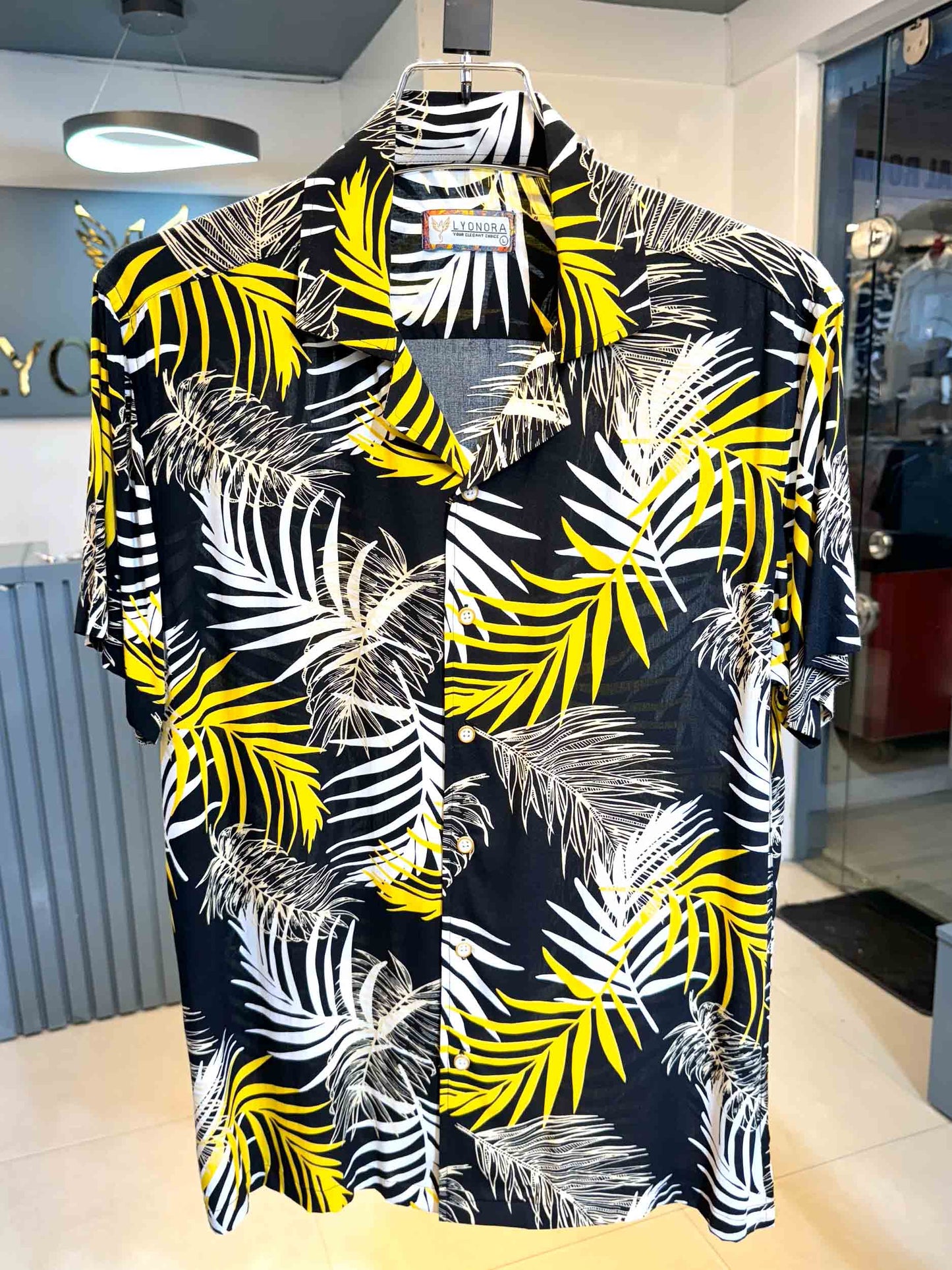 Black - yellow leaf printed half sleeve shirt