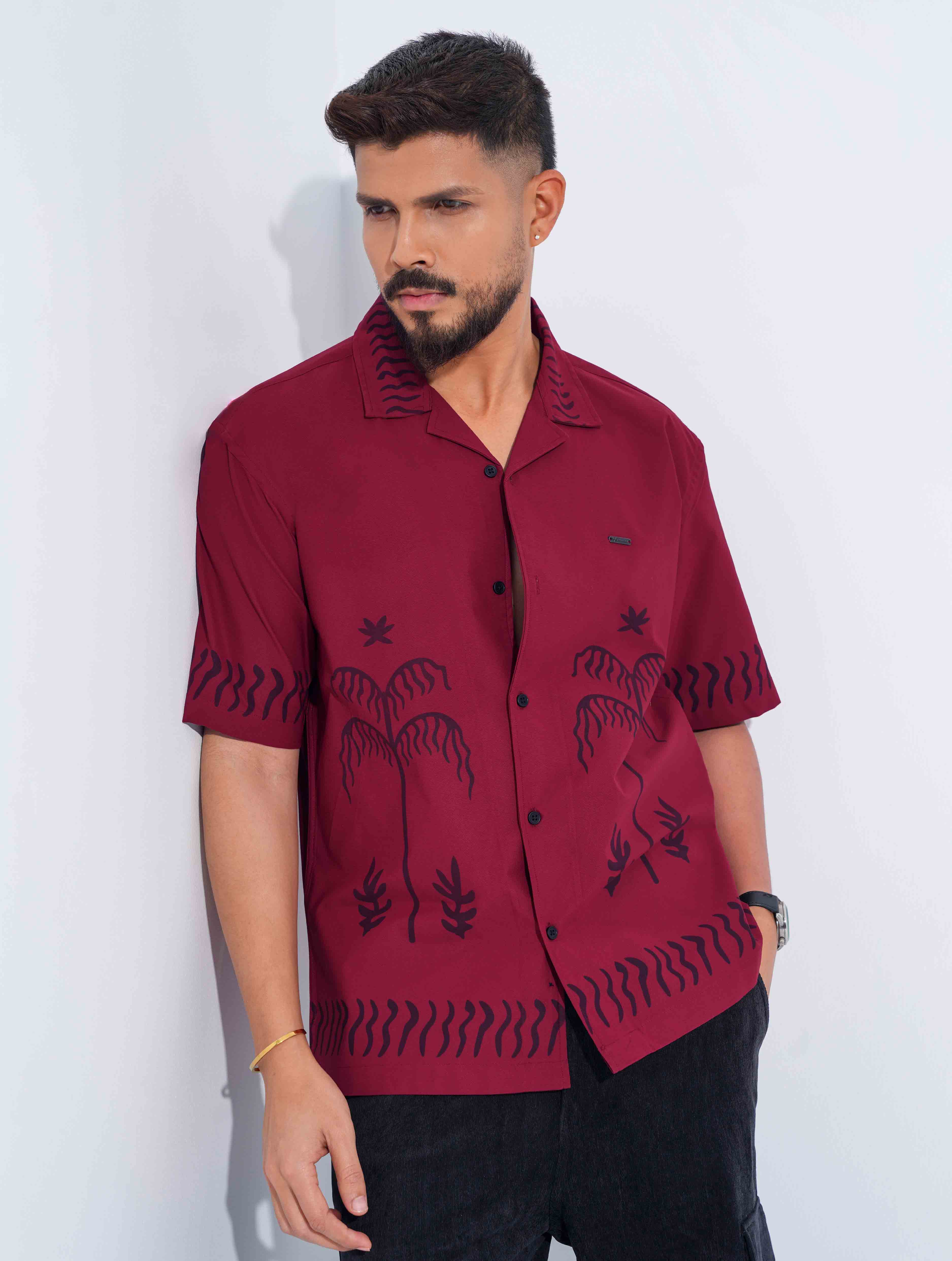Maroon Black Tree Printed Drop-Shoulder Half Shirt