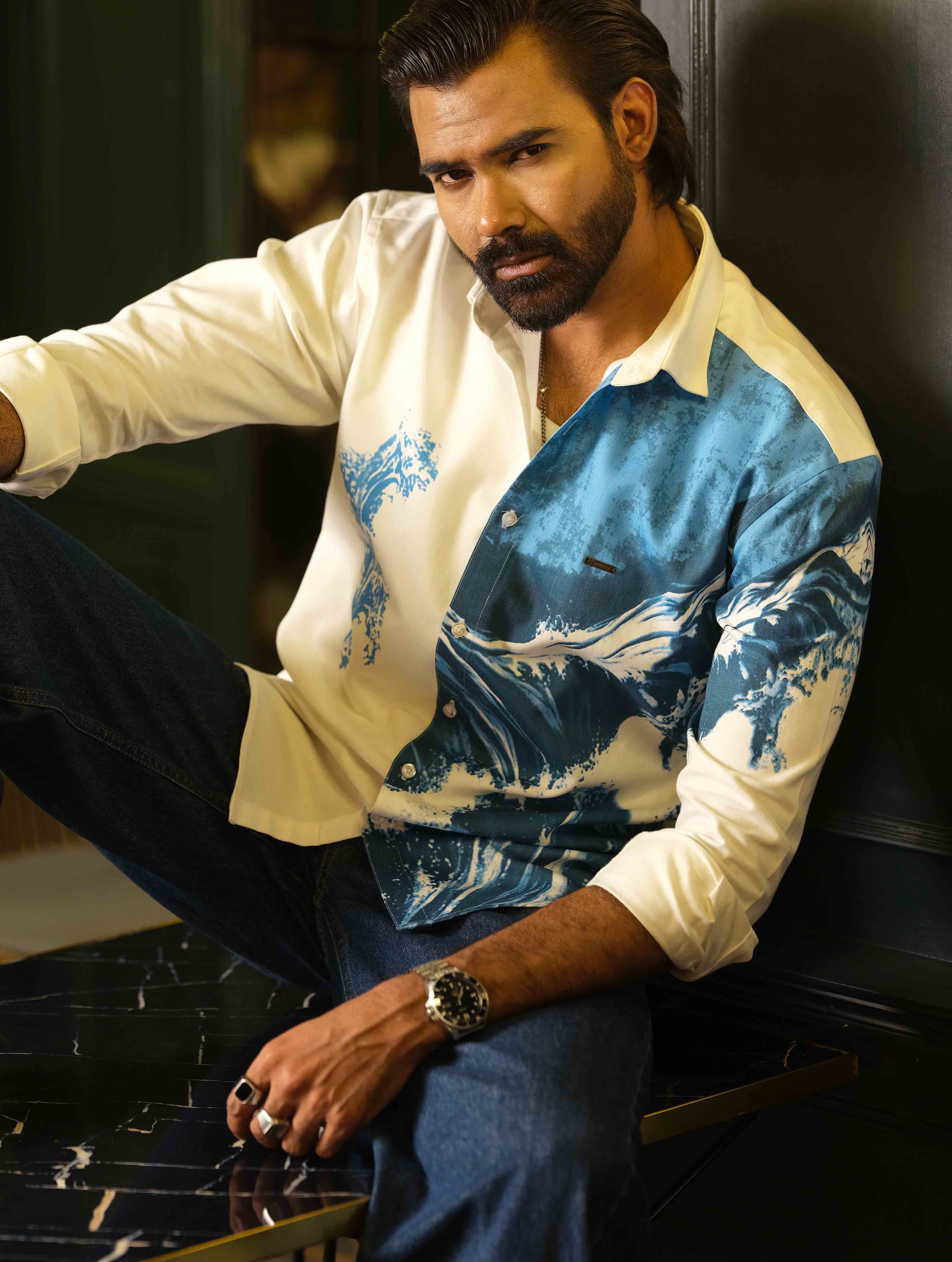 White Blue Half Body Printed Shirt