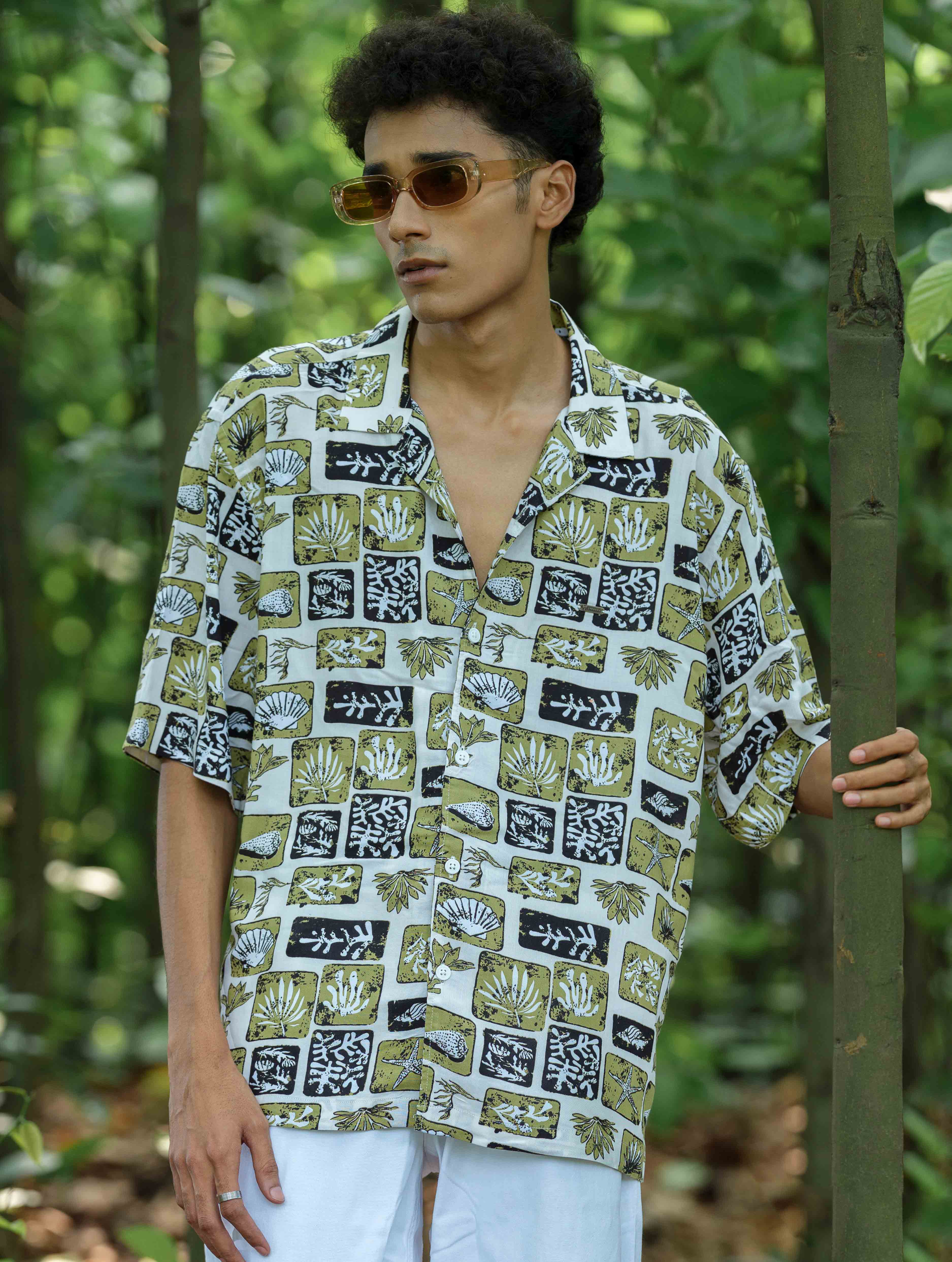 Cream Green Printed Havana Shirt